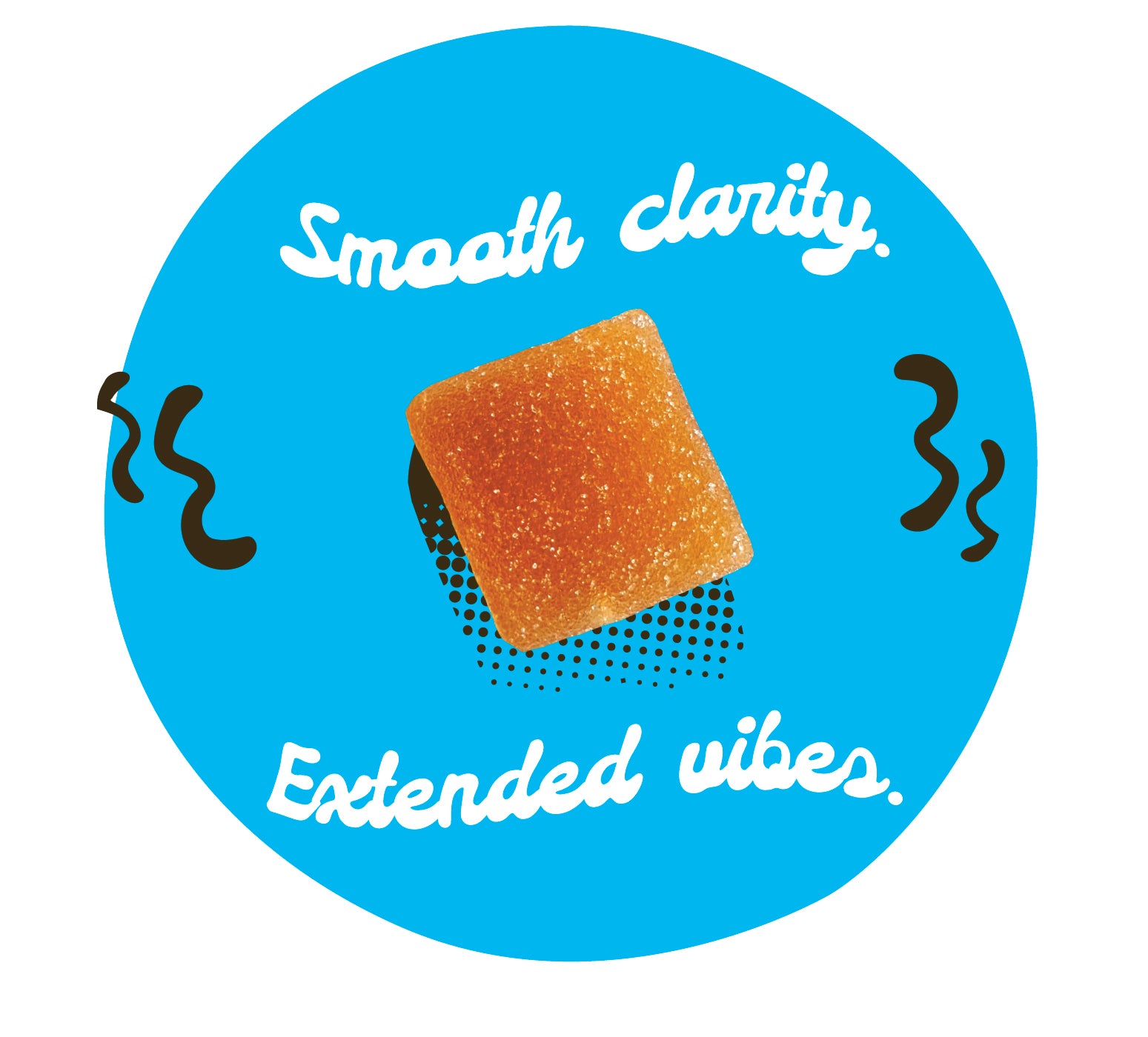 Single orange gummy centered on a blue background with decorative accents and text reading “Smooth clarity.” and “Extended vibes.”
