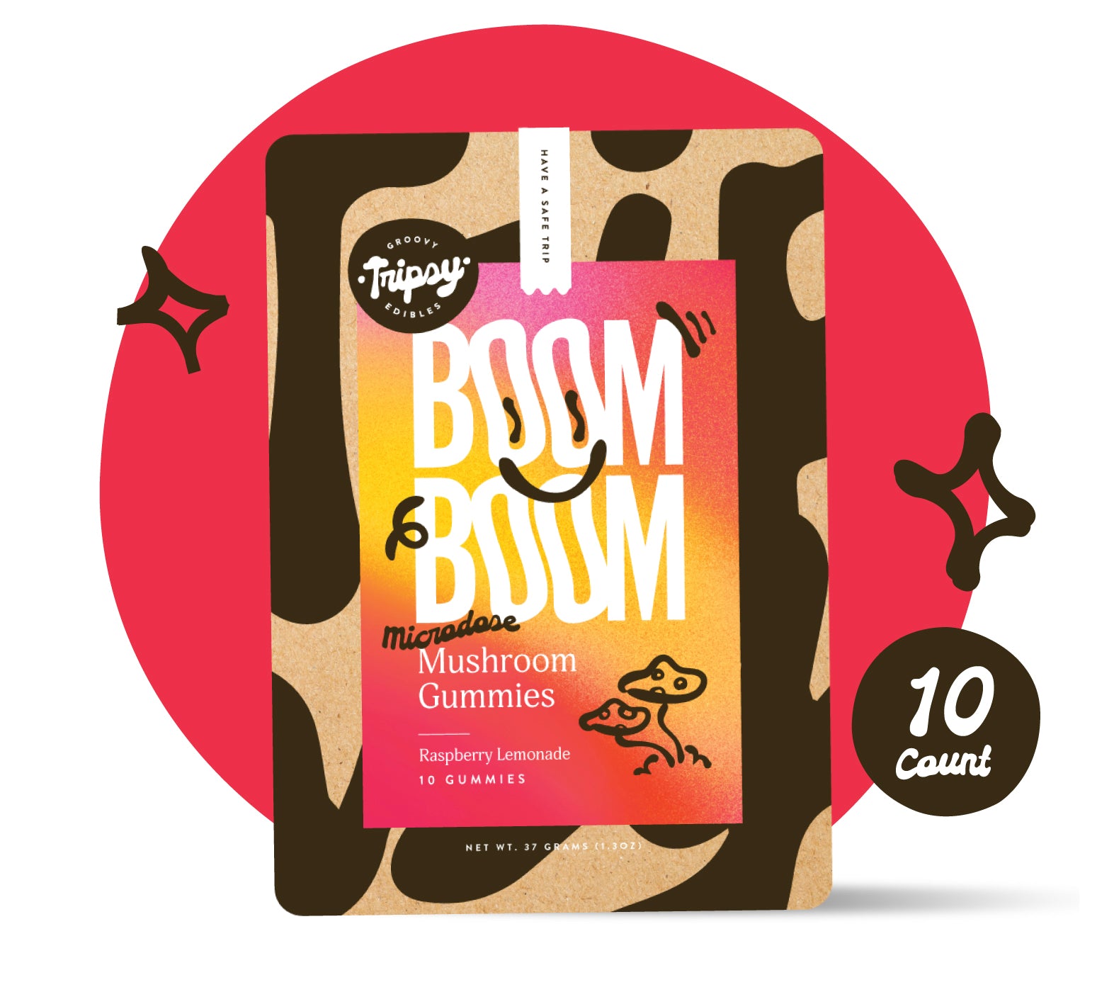 BOOM BOOM mushroom gummies pouch (Tripsy Edibles) in raspberry lemonade flavor, labeled “microdose,” with playful graphics on a red background and a “10 count” badge.