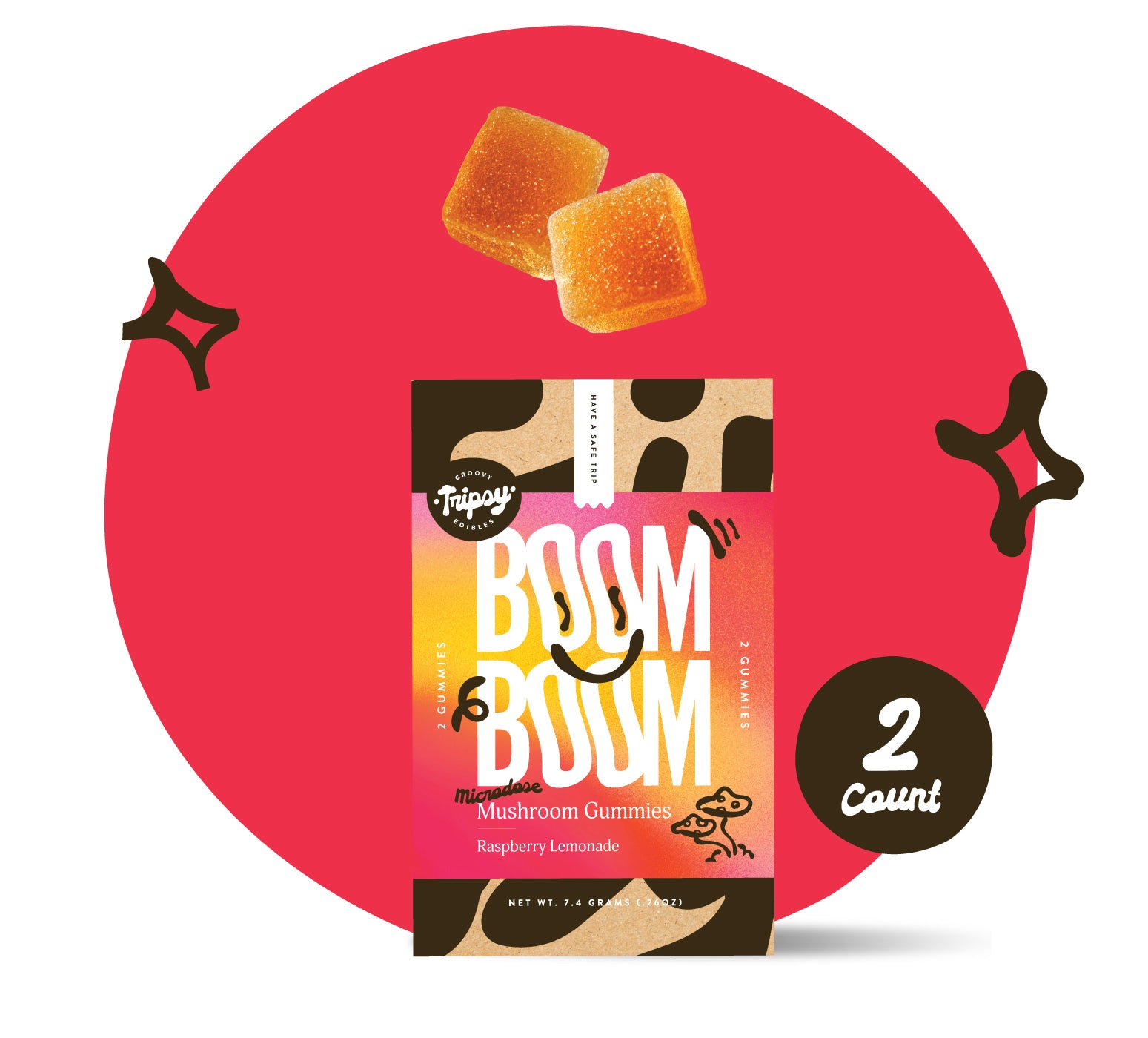 BOOM BOOM mushroom gummies pouch (Tripsy Edibles) in raspberry lemonade flavor with two gummies shown above, on a red background with spark accents and a “2 count” badge.