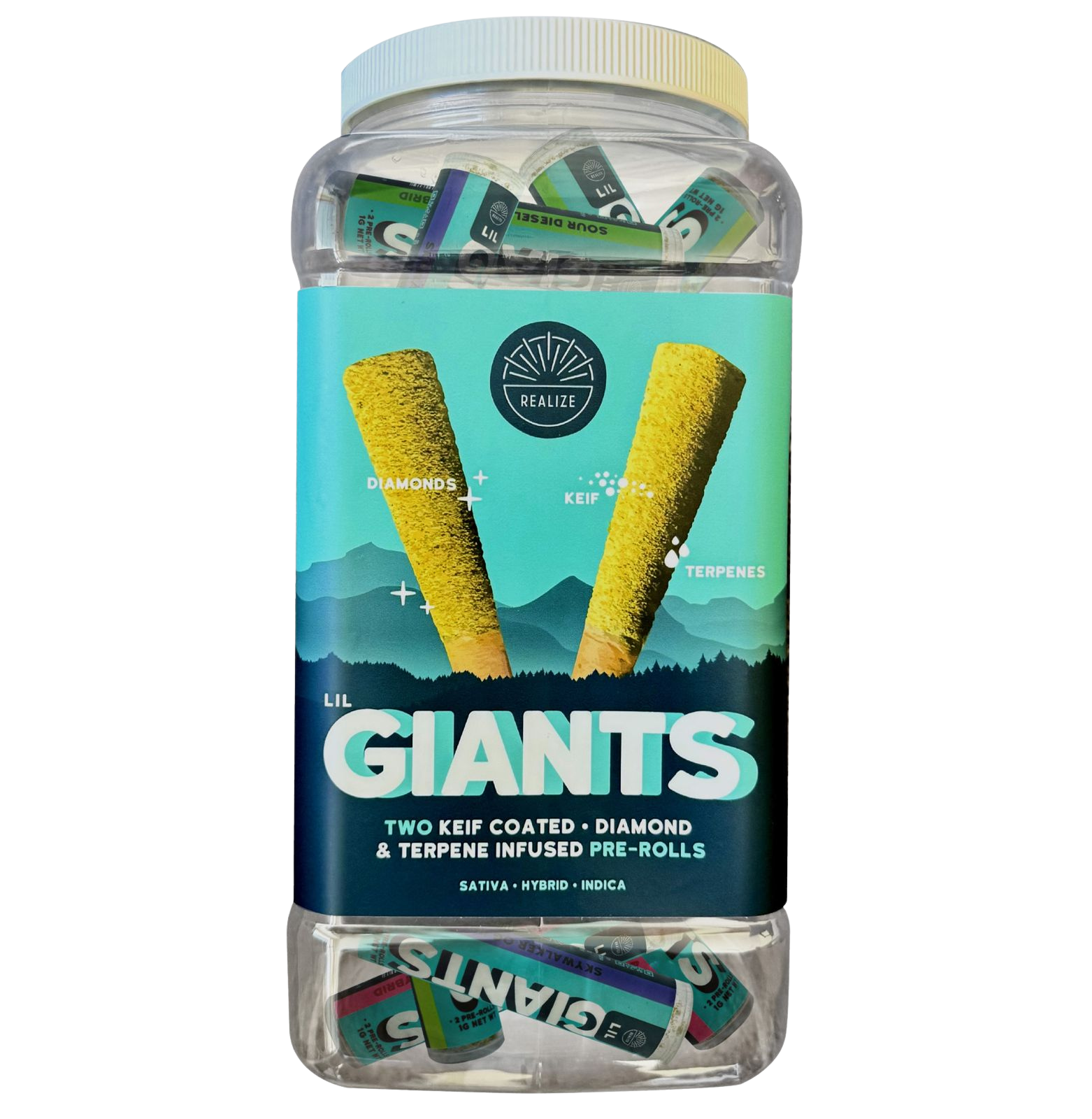 Realize LIL Giants infused THCA pre-roll tubes displayed in wholesale jar container