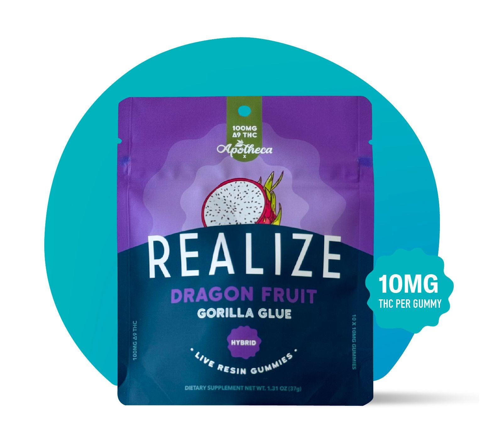 Realize dragon fruit Gorilla Glue hybrid live resin gummies 100mg Delta-9 THC pouch with 10mg THC per gummy