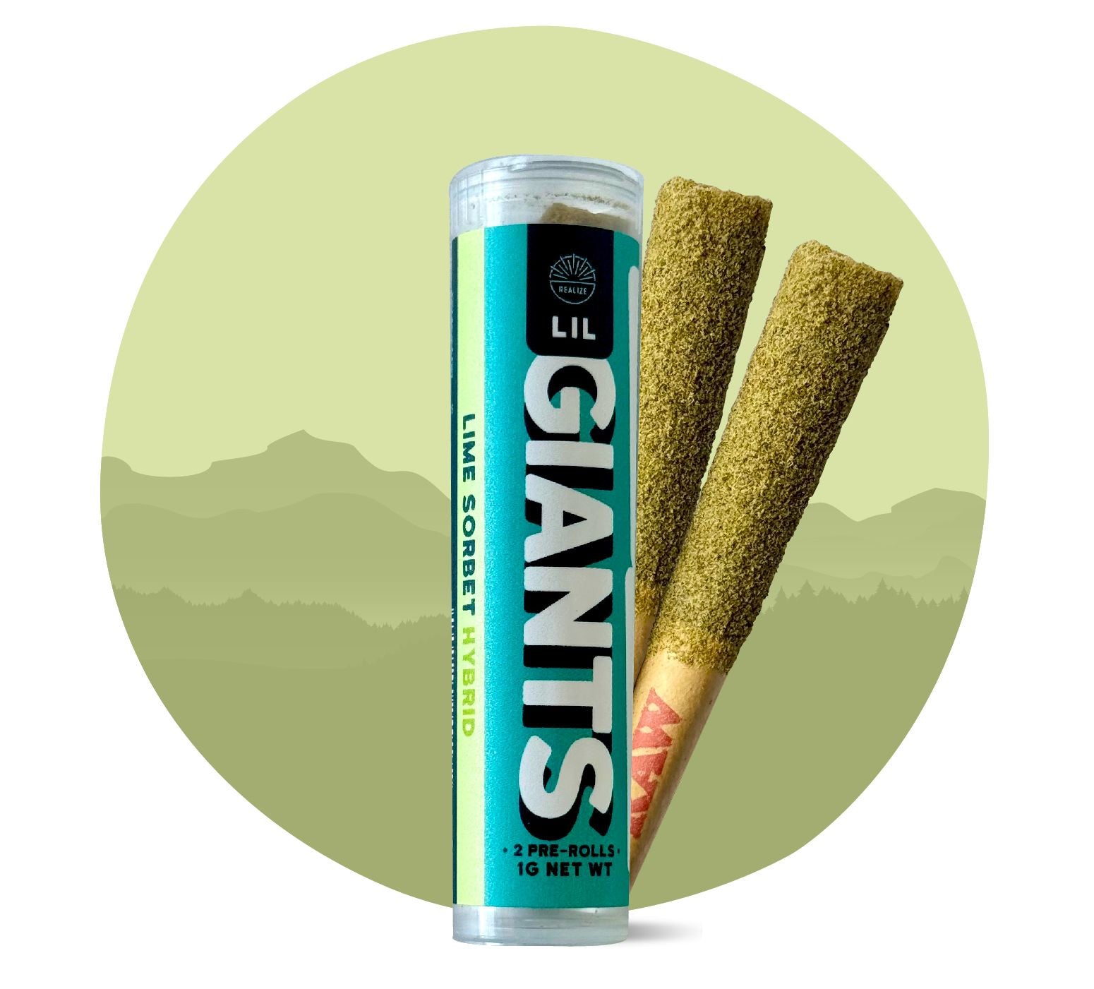 Realize Lil Giants Lime Sorbet hybrid 32 percent THCA pre-rolls with tube packaging and two infused hemp joints