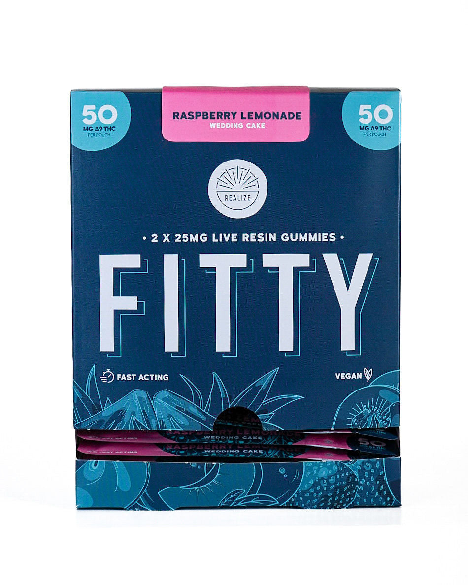 Realize FITTY raspberry lemonade Wedding Cake live resin gummies 50mg Delta-9 THC wholesale display box