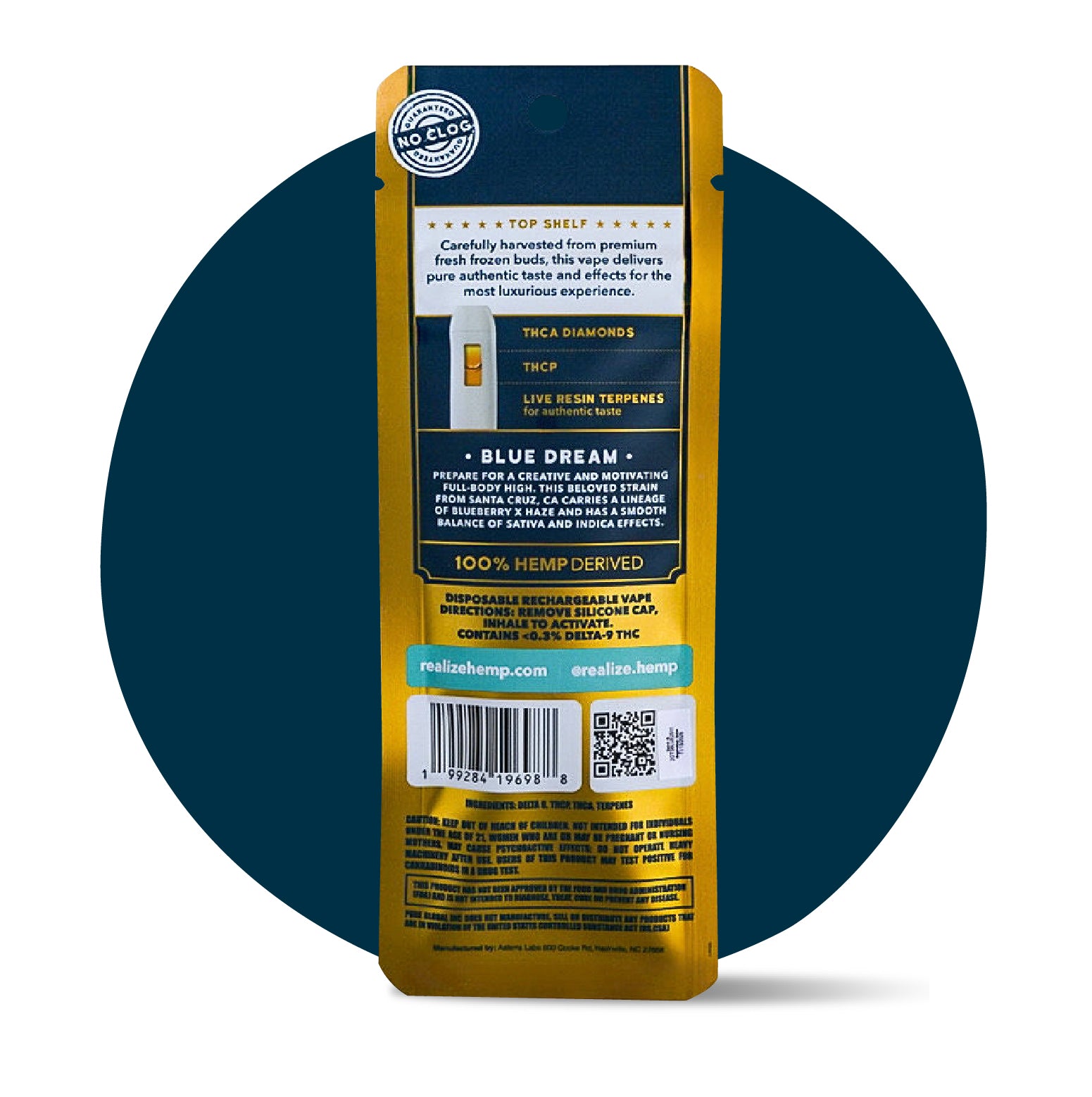 Back of Realize Top Shelf Blue Dream live resin disposable vape 2 gram THC blend packaging with product details and ingredients