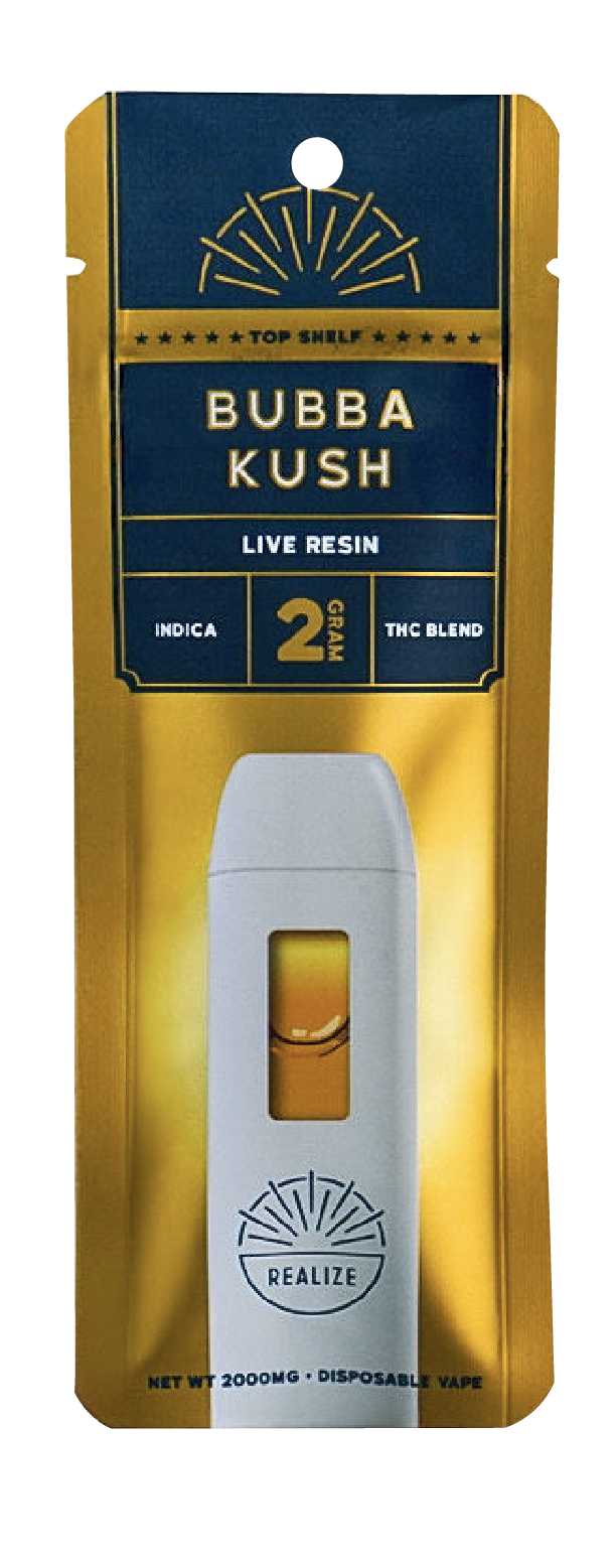 Realize Top Shelf Bubba Kush live resin disposable vape 2 gram THC blend indica in gold retail packaging
