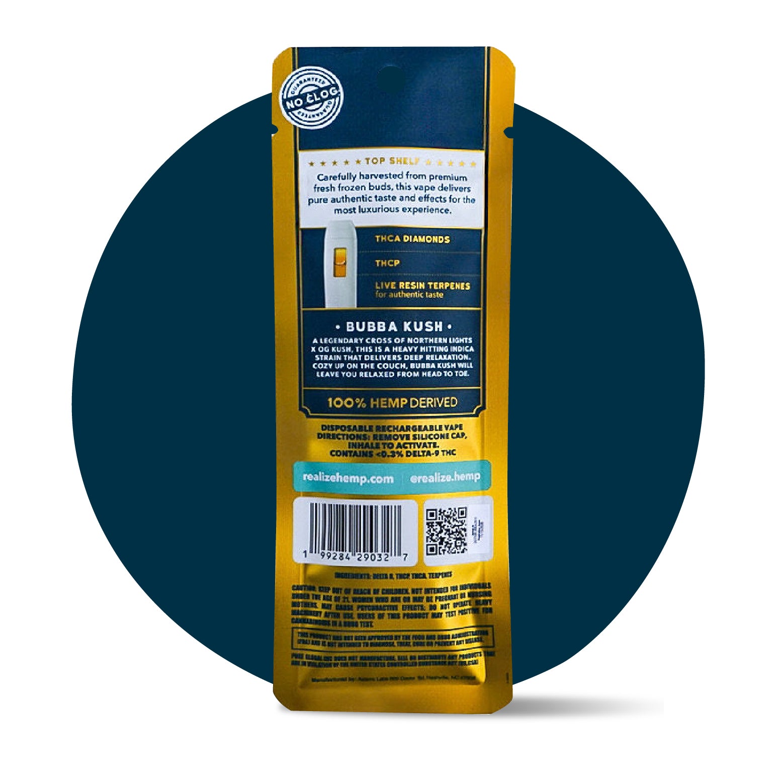 Back of Realize Top Shelf Bubba Kush live resin disposable vape 2 gram THC blend indica packaging with ingredients and product information