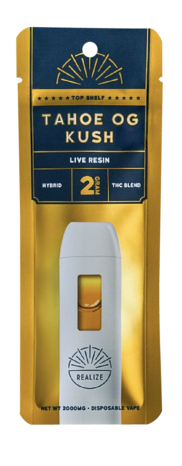 Realize Top Shelf Tahoe OG Kush live resin disposable vape 2 gram THC blend hybrid top shelf product in gold retail packaging