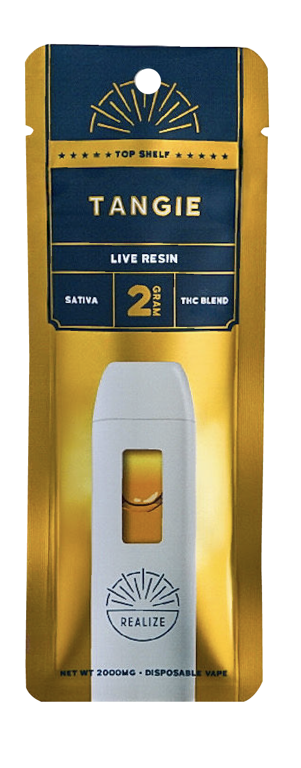 Realize Top Shelf Tangie live resin disposable vape 2 gram THC blend sativa top shelf product in gold retail packaging