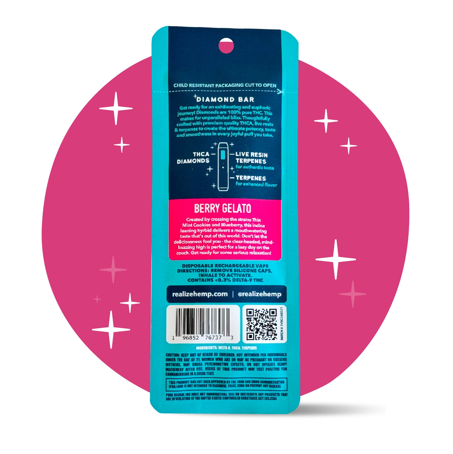Back of Realize Berry Gelato Diamond Bar disposable vape packaging showing strain description, usage instructions, barcode, QR code, and hemp-derived THC disclaimer on teal and pink packaging