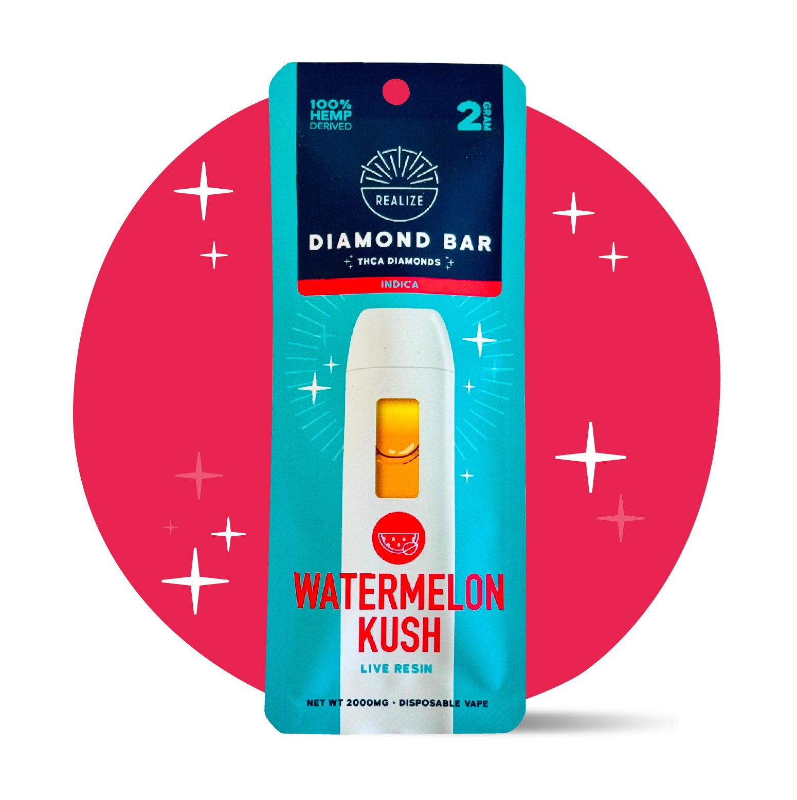 Realize Watermelon Kush THCA Diamond Bar disposable vape packaging front, indica strain with live resin, 2 gram vape featuring white device and red watermelon-themed design