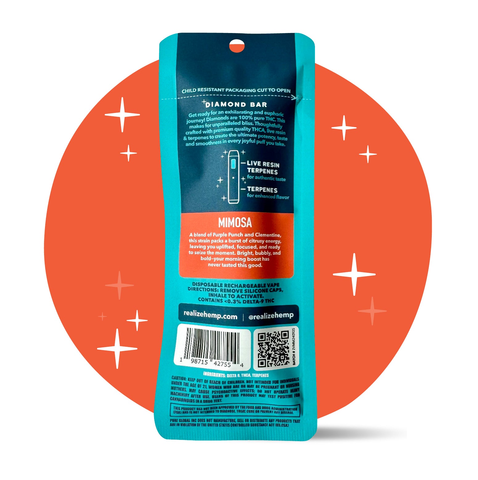 Back of Realize Diamond Bar Mimosa sativa live resin disposable vape packaging showing product description, ingredients, barcode, and QR code