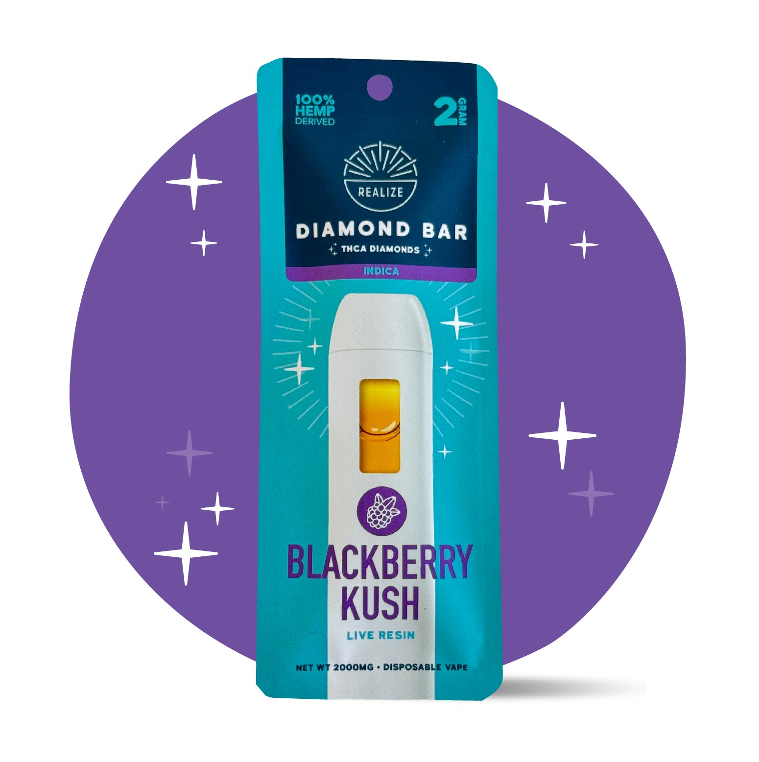Realize Blackberry Kush THCA Diamond Bar disposable vape packaging front, indica strain with live resin, 2 gram vape featuring white device and purple blackberry-themed design