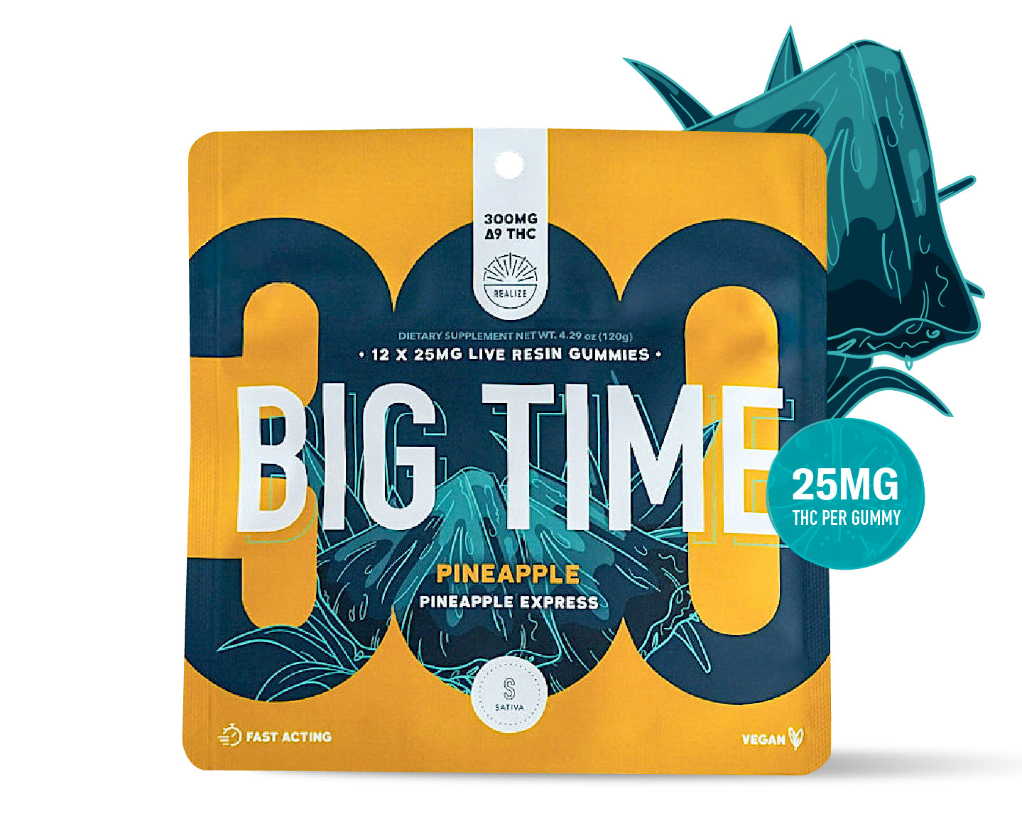 Realize BIG TIME pineapple express sativa live resin gummies 300mg Delta-9 THC pouch with 25mg THC per gummy