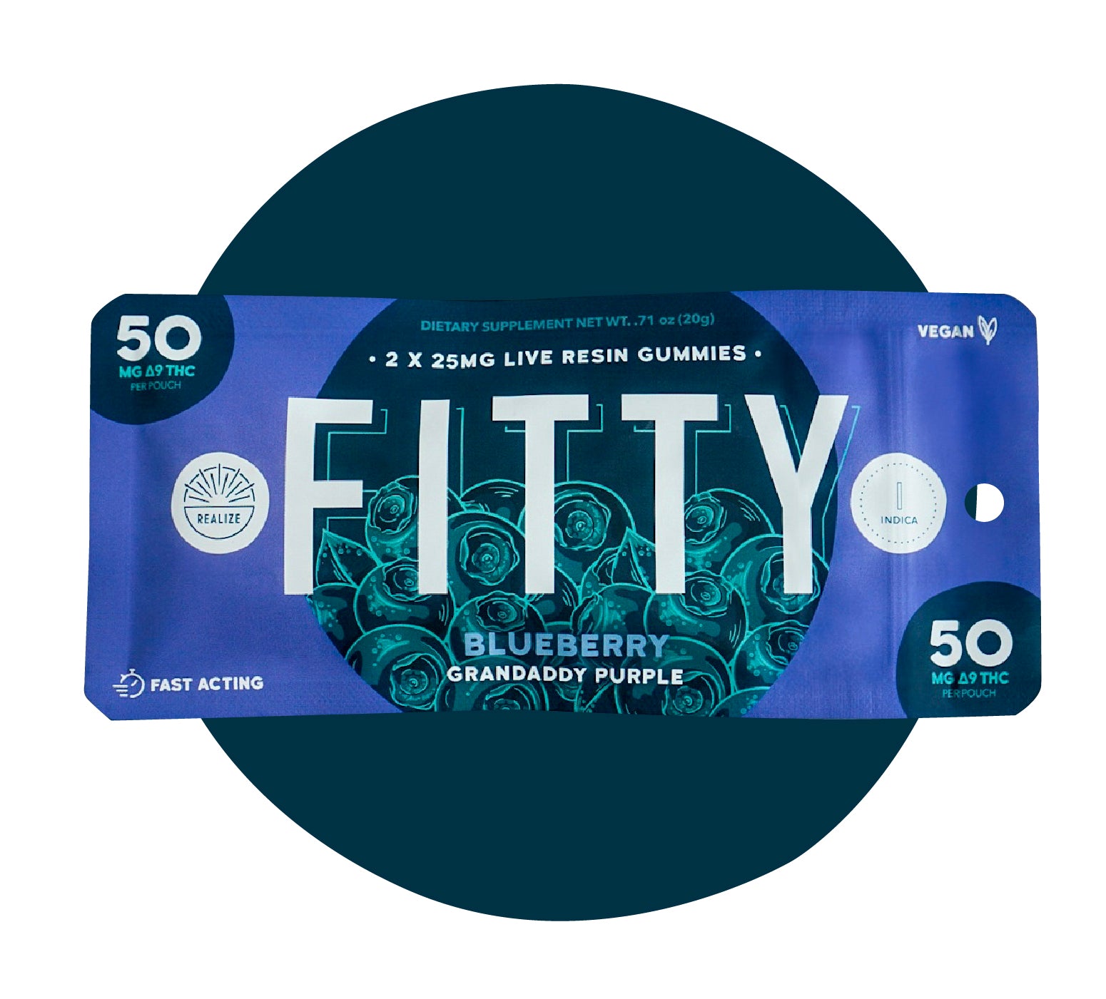 Realize FITTY blueberry Granddaddy Purple live resin gummies indica with 50mg Delta-9 THC per pouch
