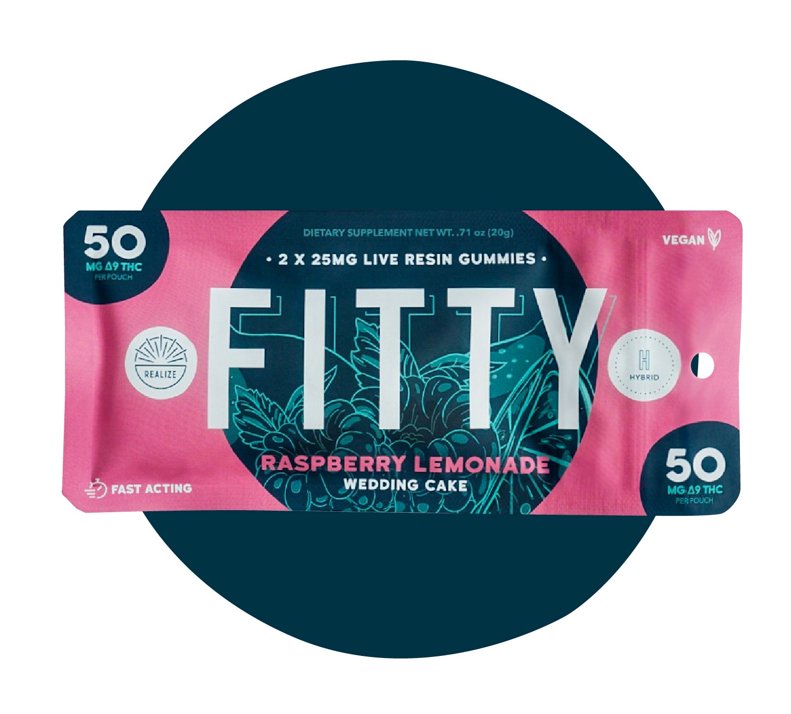 Realize FITTY raspberry lemonade Wedding Cake live resin gummies hybrid with 50mg Delta-9 THC per pouch