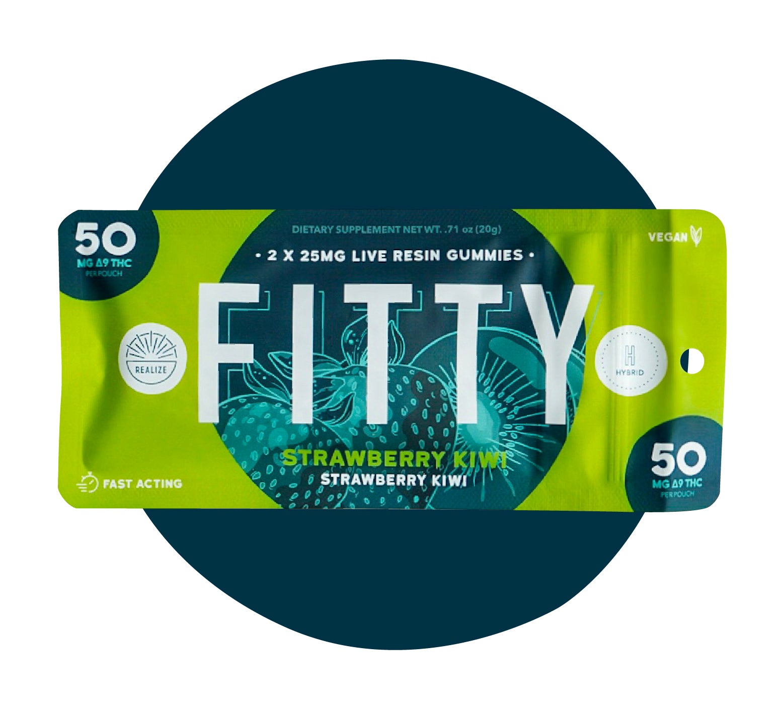 Realize FITTY strawberry kiwi live resin gummies hybrid with 50mg Delta-9 THC per pouch