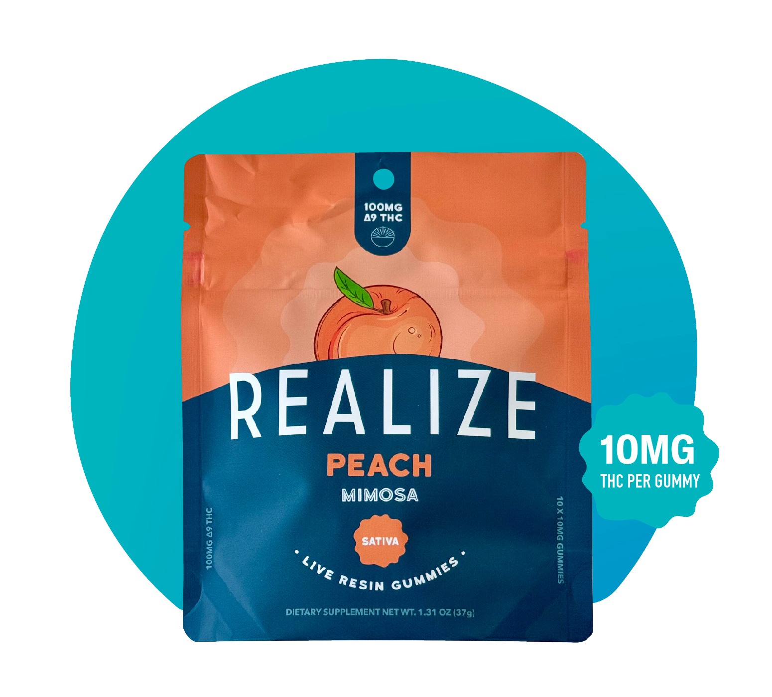 Realize Peach Mimosa live resin gummies packaging front, sativa strain with peach illustration and 10mg THC per gummy label on orange and blue pouch