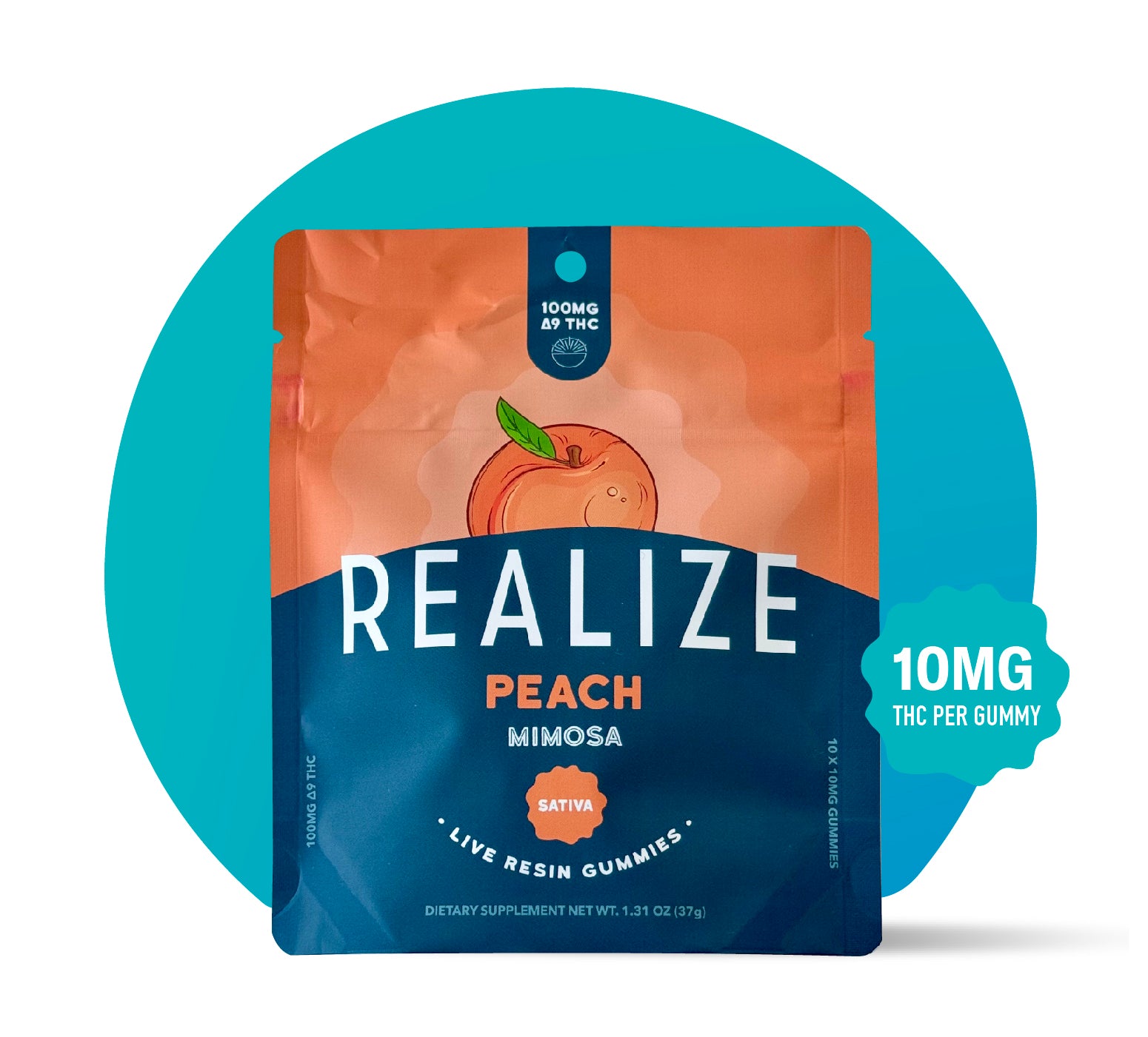 Realize Peach Mimosa live resin gummies packaging front, sativa strain with peach illustration and 10mg THC per gummy label on orange and blue pouch