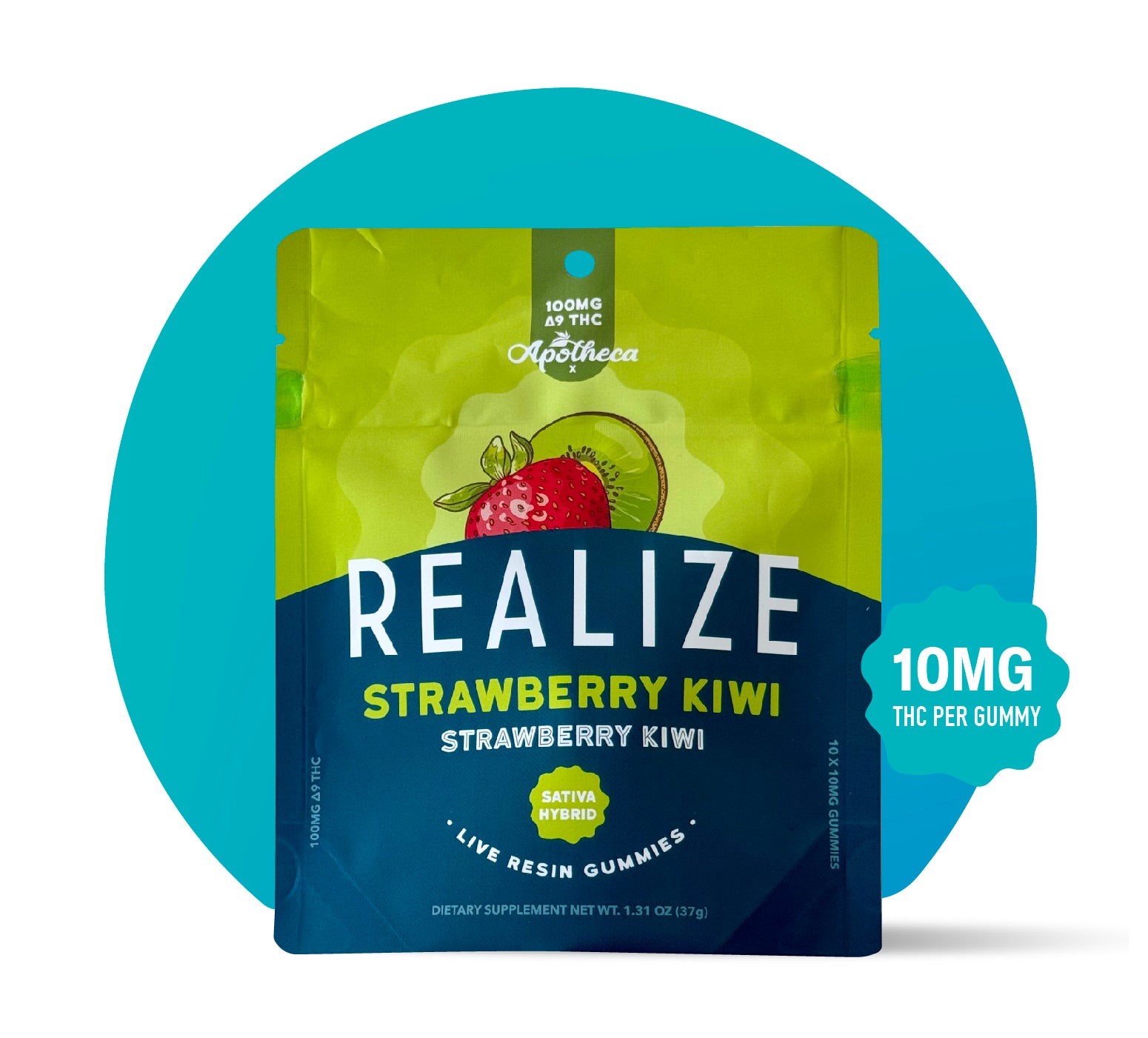 Realize Strawberry Kiwi live resin gummies sativa hybrid packaging with 10mg THC per gummy label