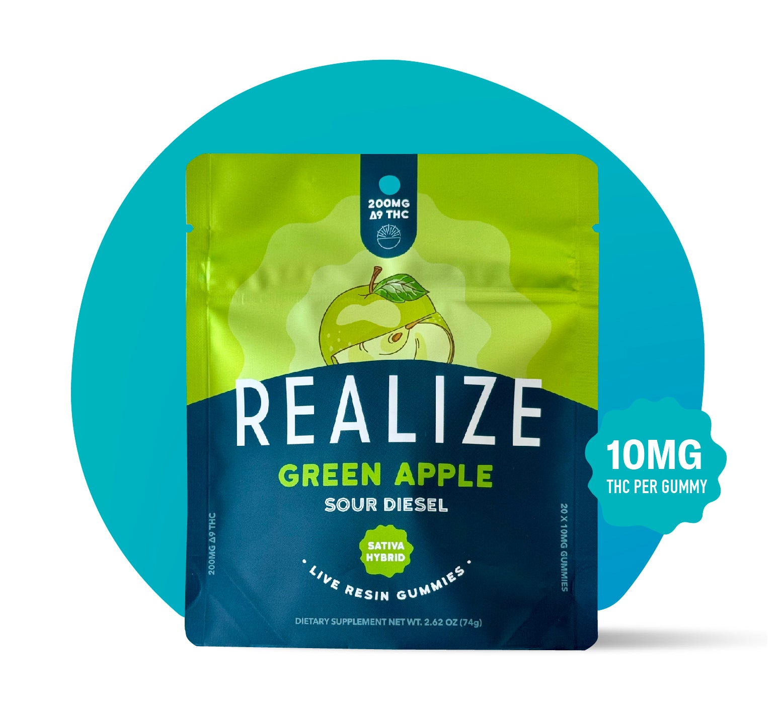 Realize Green Apple Sour Diesel live resin gummies sativa hybrid packaging with 10mg THC per gummy and 200mg Delta-9 THC total