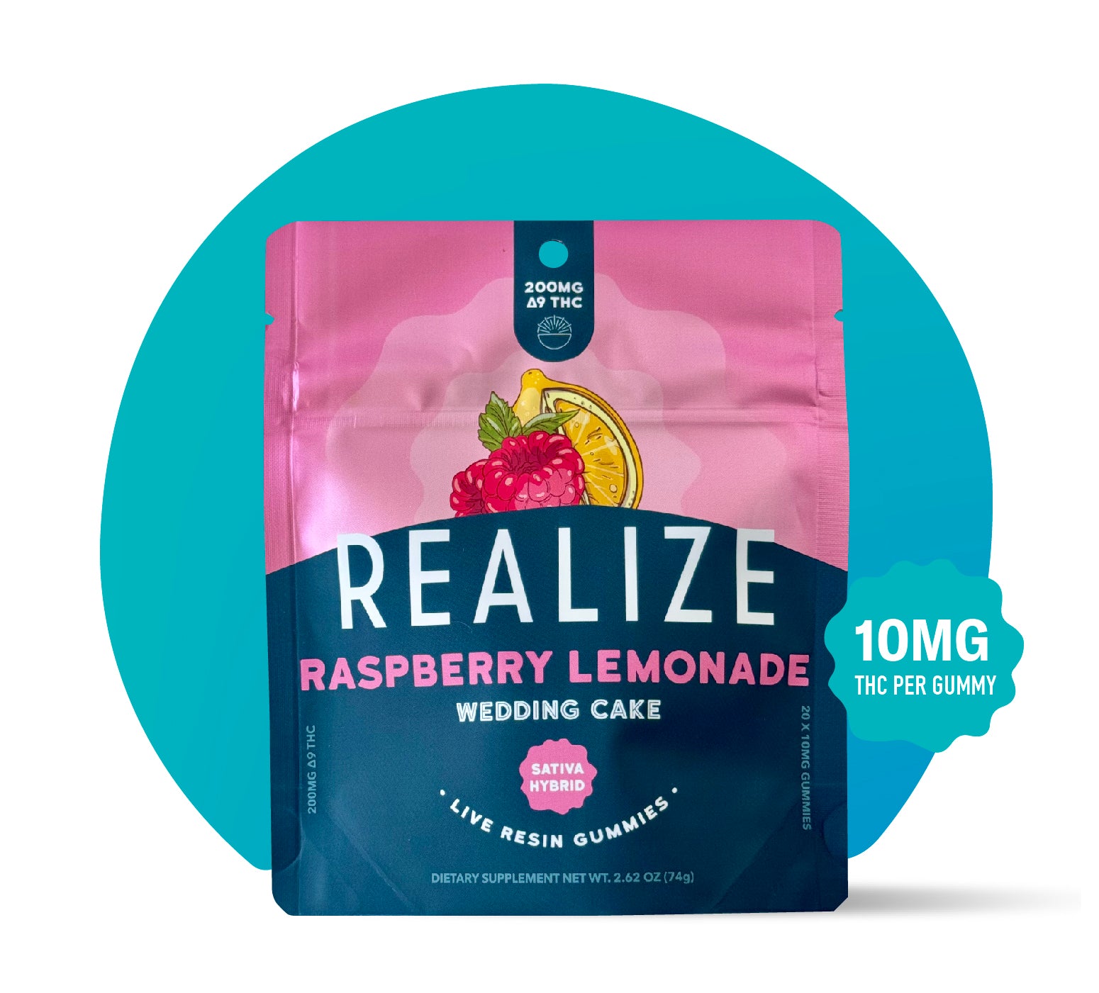 Realize Raspberry Lemonade live resin gummies packaging front, Wedding Cake sativa hybrid flavor, 200mg Delta-9 THC total with 10mg per gummy in pink and teal pouch