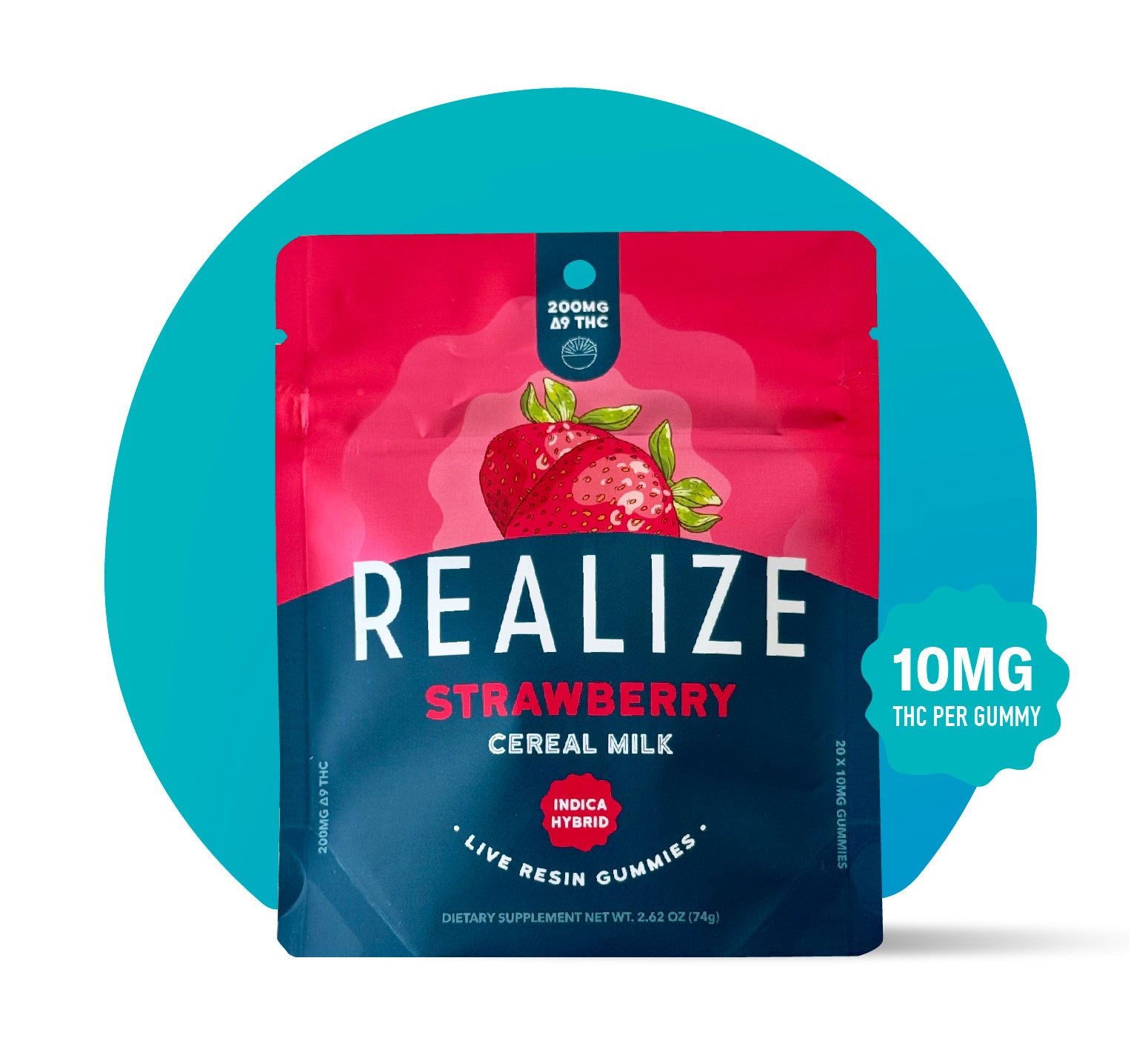 Realize Strawberry Cereal Milk live resin gummies packaging front, indica hybrid flavor with 200mg Delta-9 THC total and 10mg per gummy in red and teal pouch