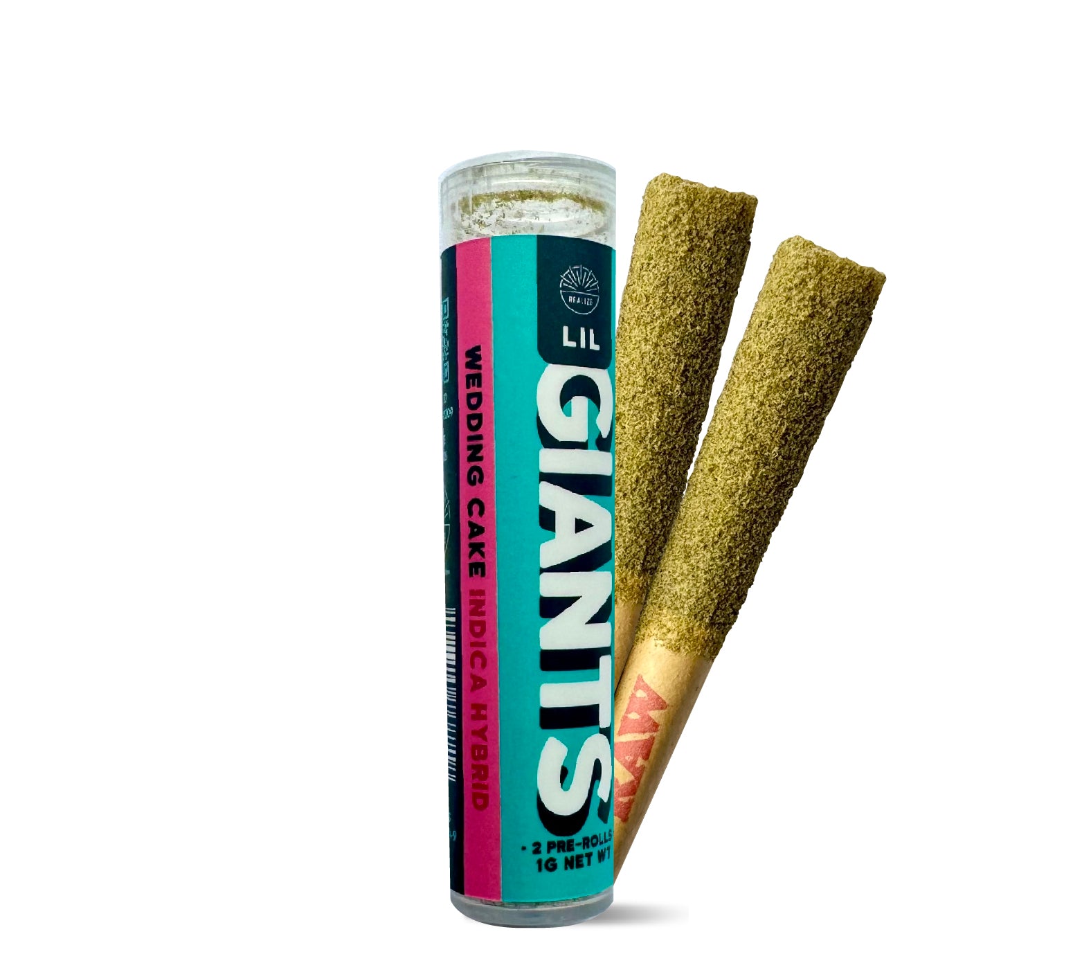 Realize Lil Giants Wedding Cake indica hybrid 29% THCA pre-rolls with tube packaging and two infused hemp joints