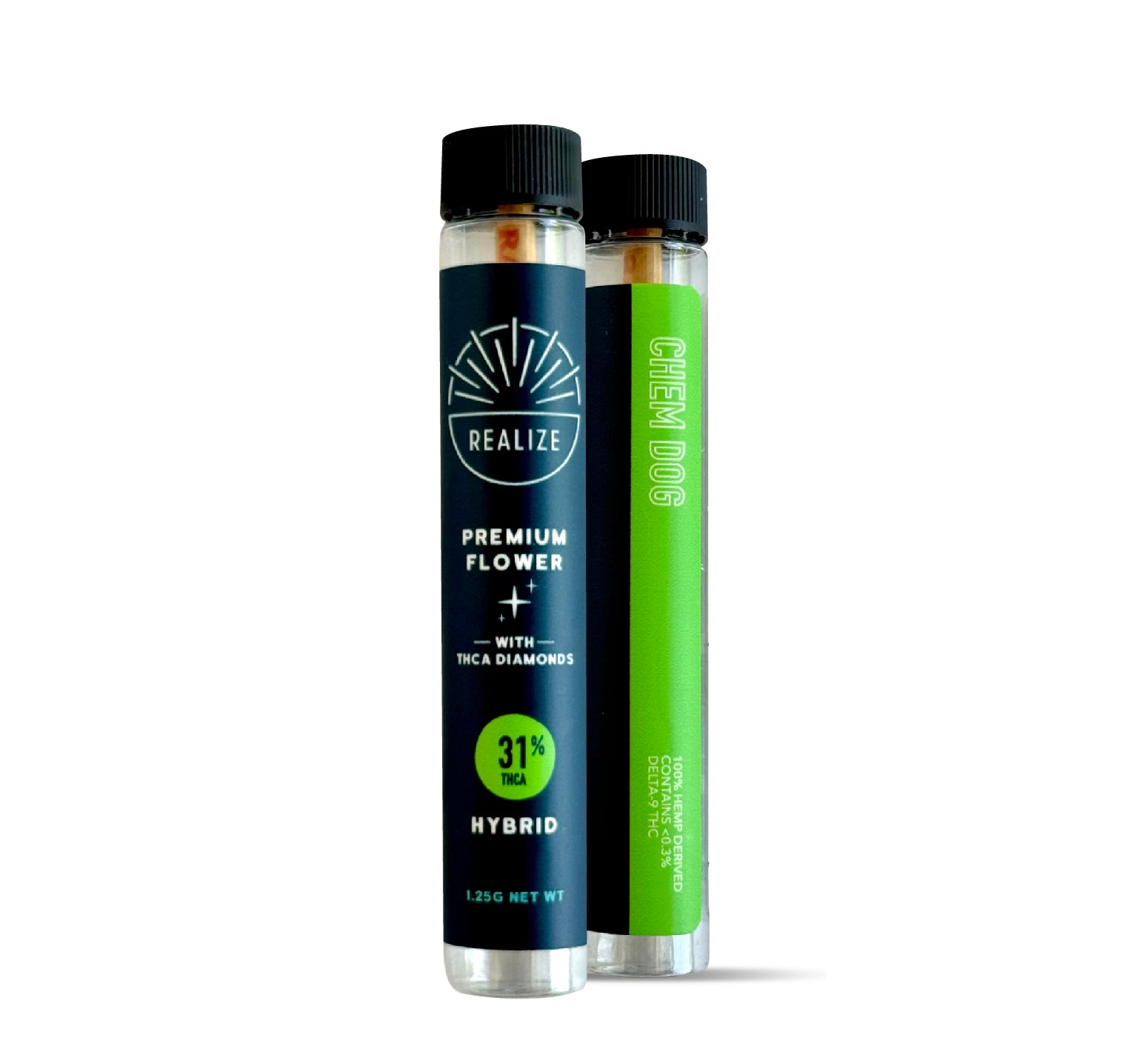 Realize Chem Dog premium flower pre-roll packaging tube with THCA diamonds, hybrid strain, 31% THCA, 1.25g hemp-derived flower