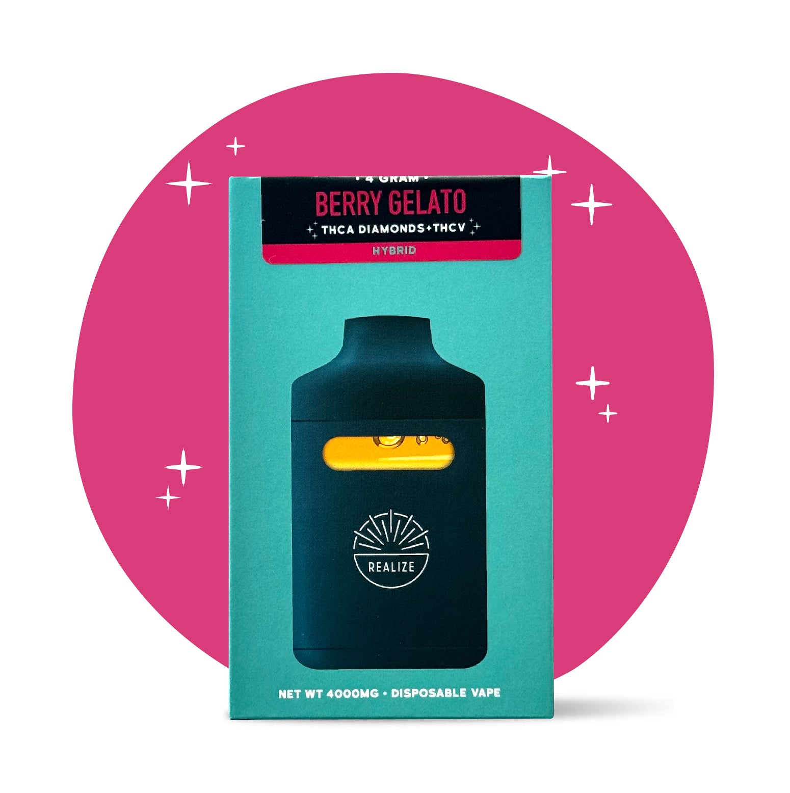 Realize Berry Gelato disposable vape packaging front, hybrid strain with THCA diamonds and THCV, 4 gram disposable vape with device illustration