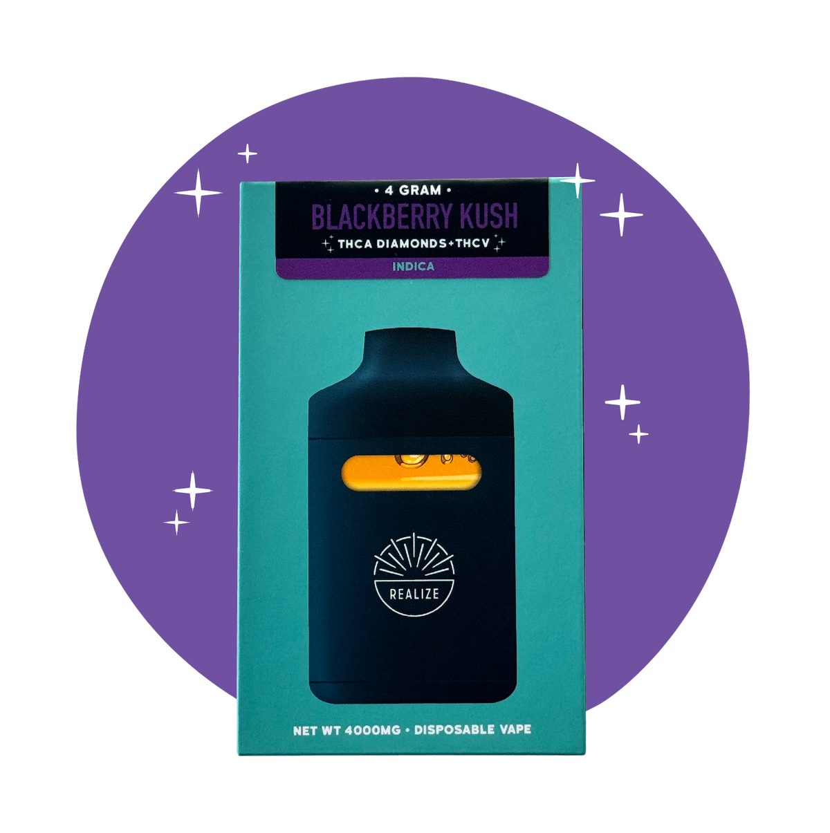 Realize Diamond Bar Blackberry Kush 4 gram disposable vape with THCA diamonds and THCV, featuring black hardware and teal packaging on a purple background.