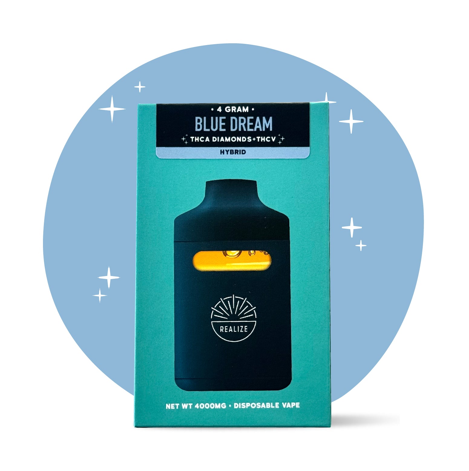 Realize Blue Dream disposable vape packaging front, hybrid strain with THCA diamonds and THCV, 4 gram disposable vape with device illustration
