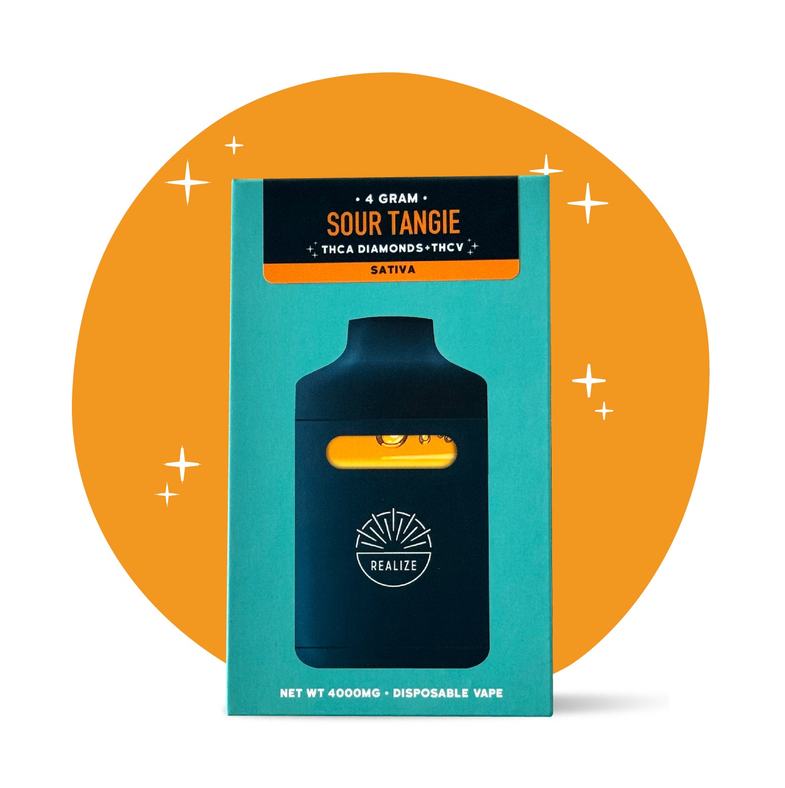 Realize Sour Tangie disposable vape packaging front, sativa strain with THCA diamonds and THCV, 4 gram disposable vape with device illustration