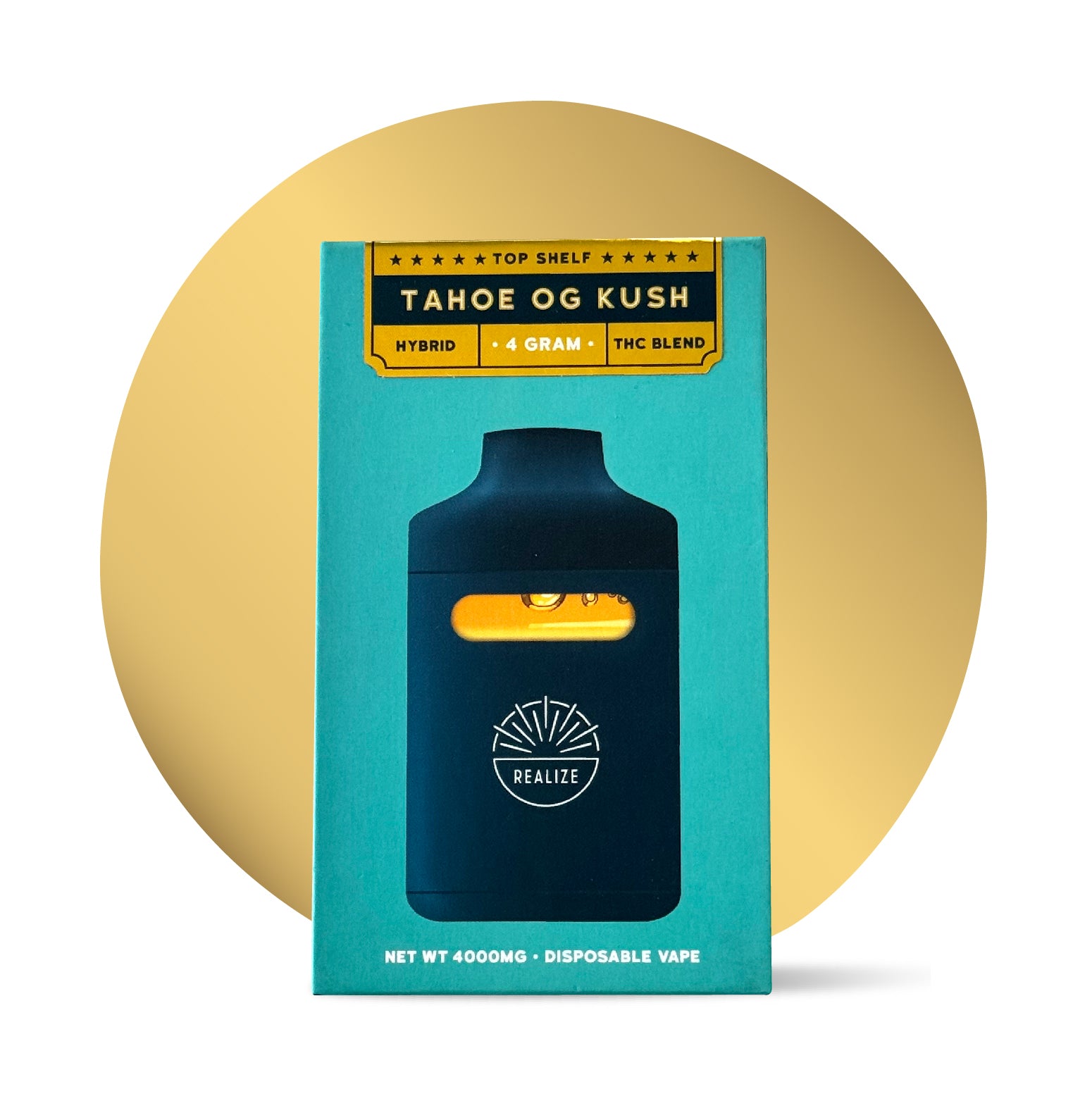 Realize Tahoe OG Kush Top Shelf 4 gram disposable vape, hybrid THC blend packaging with device shown on the front