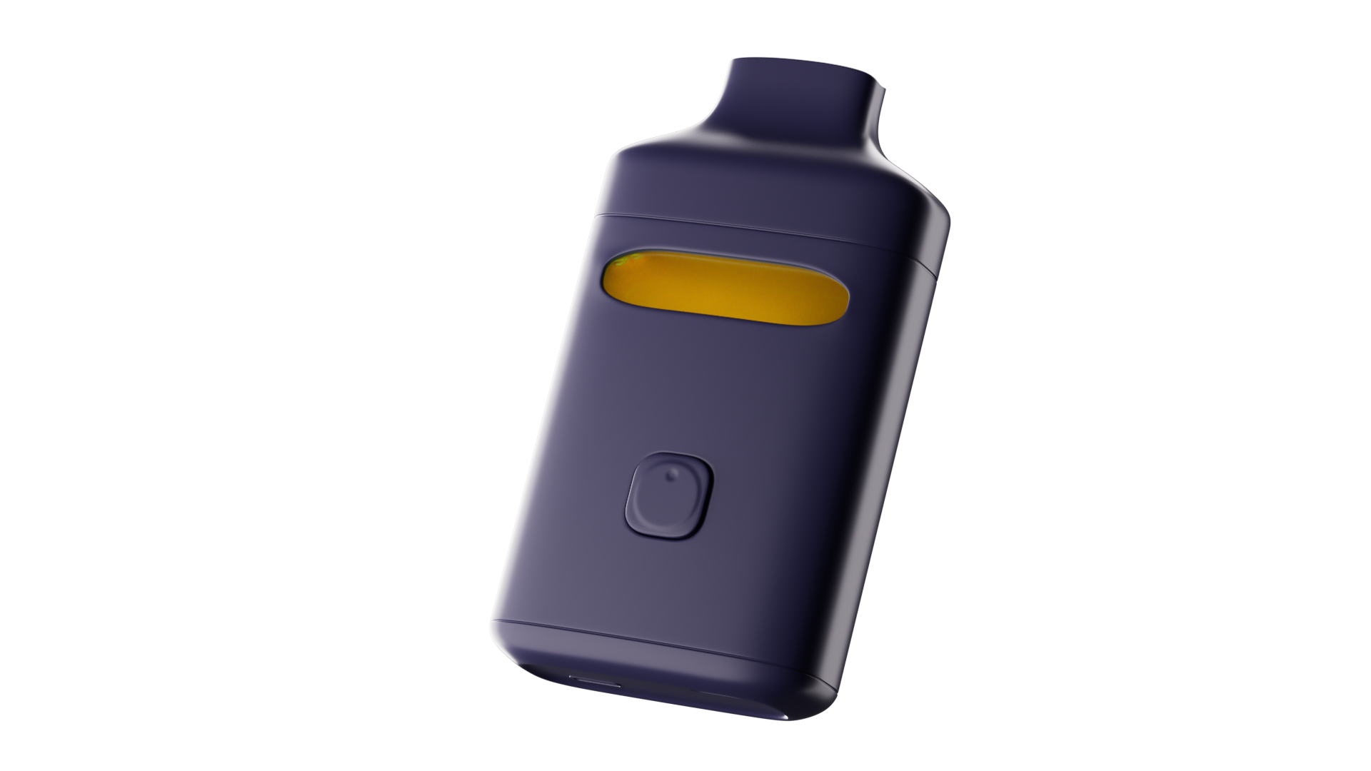 Realize disposable vape device with viewing window showing oil, navy blue body, and button on the back