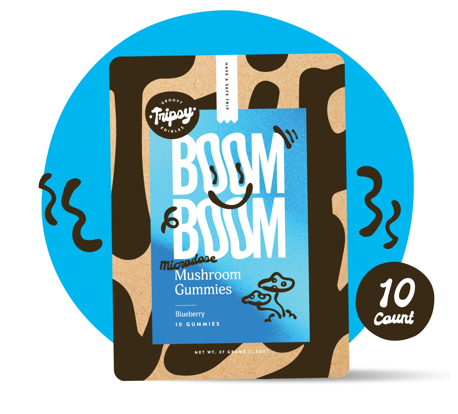 BOOM BOOM mushroom gummies pouch (Tripsy Edibles) in blueberry flavor labeled “microdose,” on a blue background with decorative accents and a “10 count” badge.