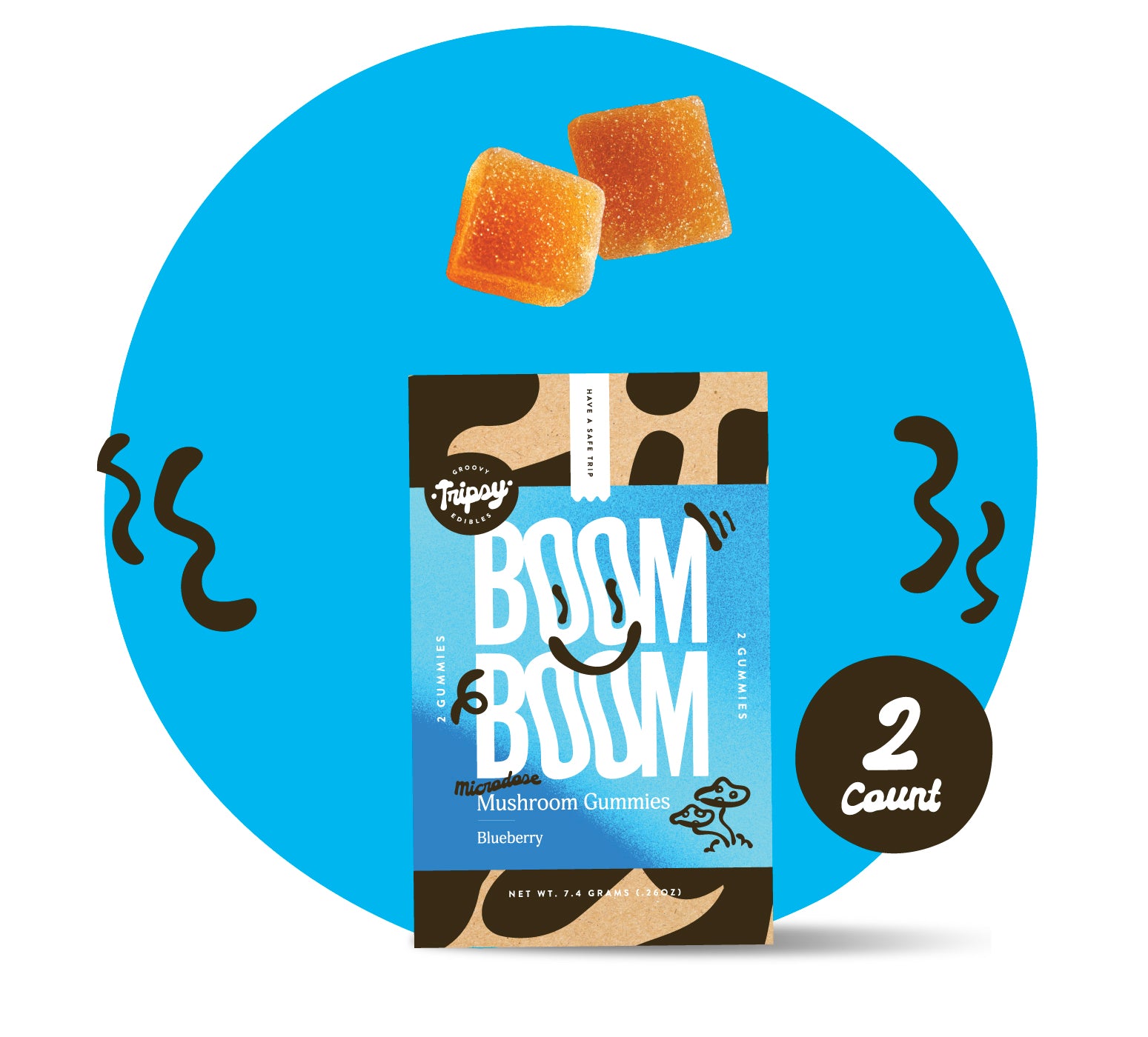 BOOM BOOM mushroom gummies pouch (Tripsy Edibles) in blueberry flavor labeled “microdose,” with two gummies shown above, on a blue background with decorative accents and a “2 count” badge.