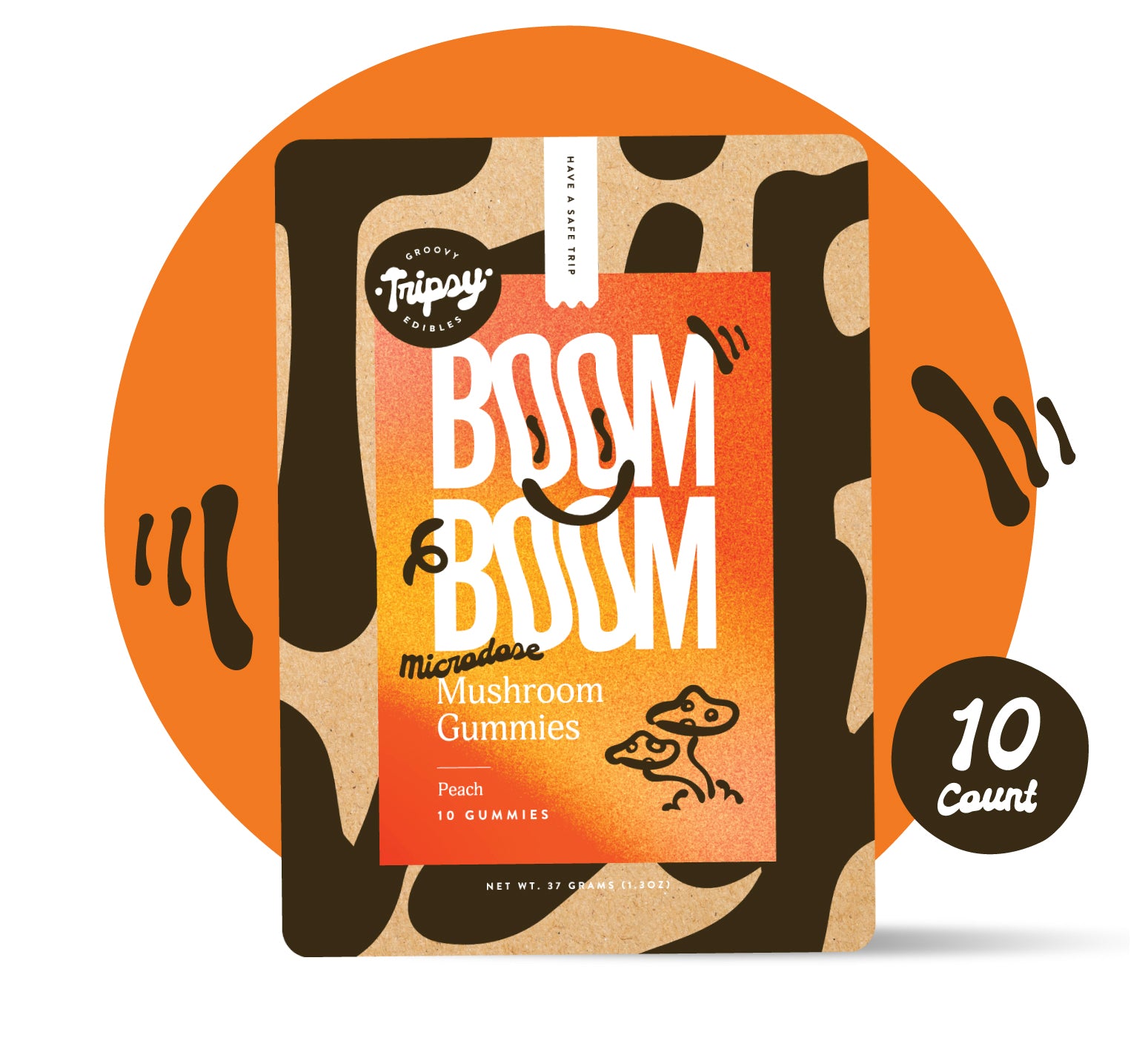 BOOM BOOM mushroom gummies pouch (Tripsy Edibles) in peach flavor labeled “microdose,” on an orange background with decorative accents and a “10 count” badge.
