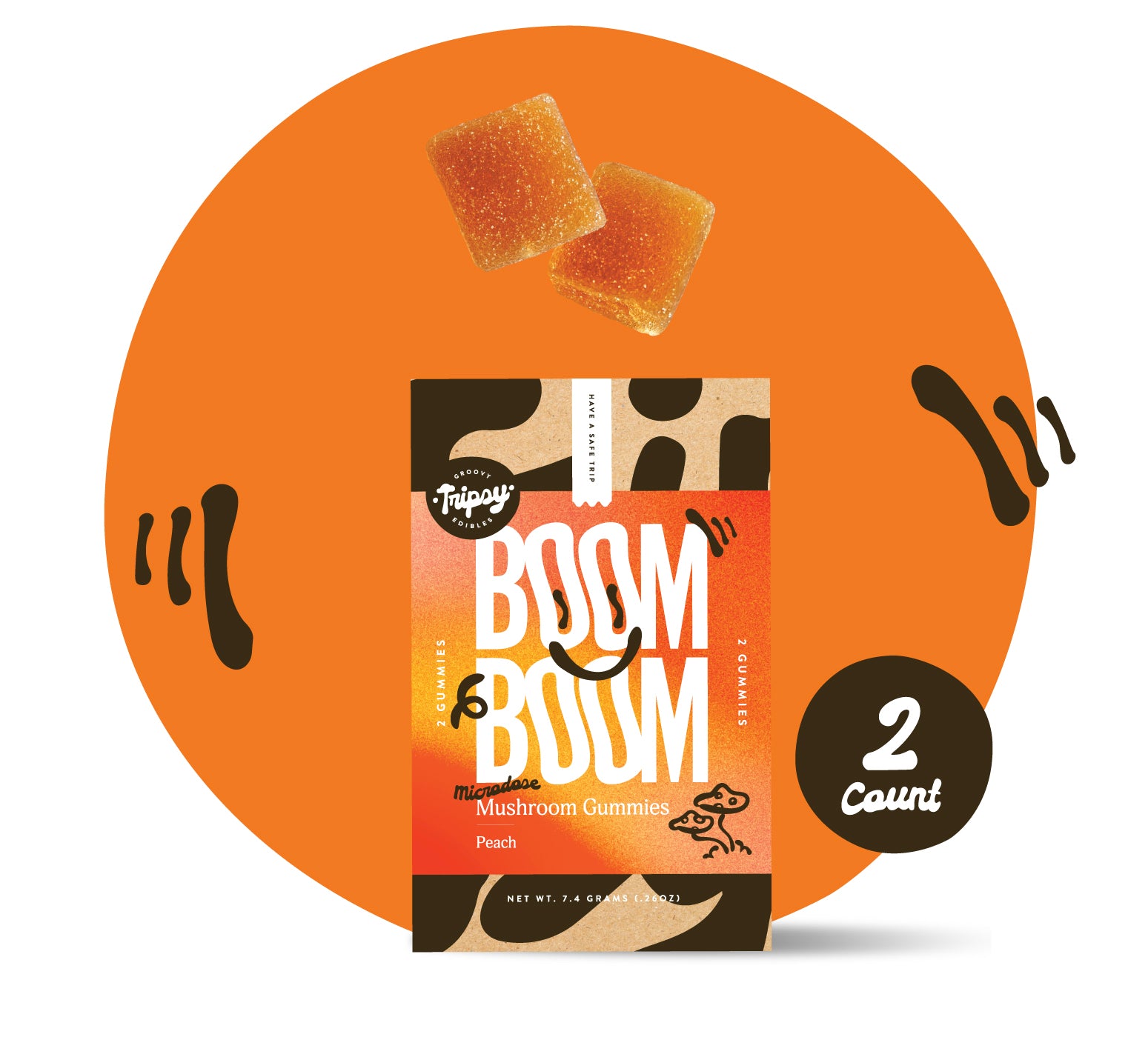BOOM BOOM mushroom gummies pouch (Tripsy Edibles) in peach flavor labeled “microdose,” with two gummies shown above, on an orange background with decorative accents and a “2 count” badge.