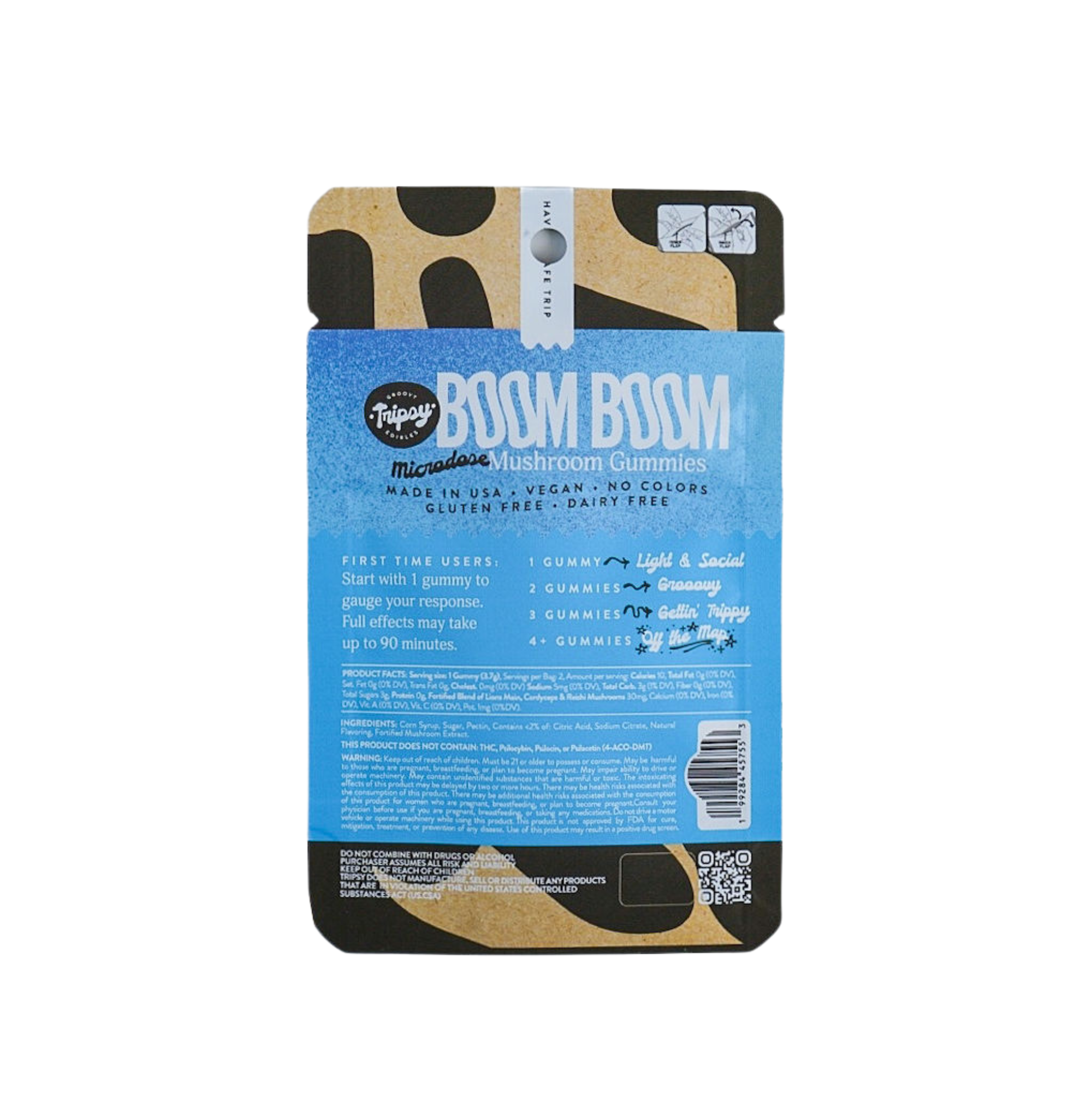 Back of Trippy Groovy Edibles BOOM BOOM microdose mushroom gummies blueberry pouch showing dosage guide, ingredients, and product information