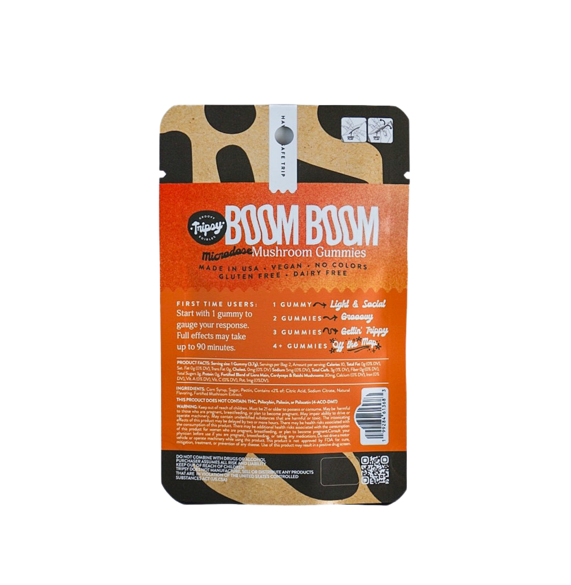 Back of Trippy Groovy Edibles BOOM BOOM microdose mushroom gummies peach pouch showing dosage guide, ingredients, and product information