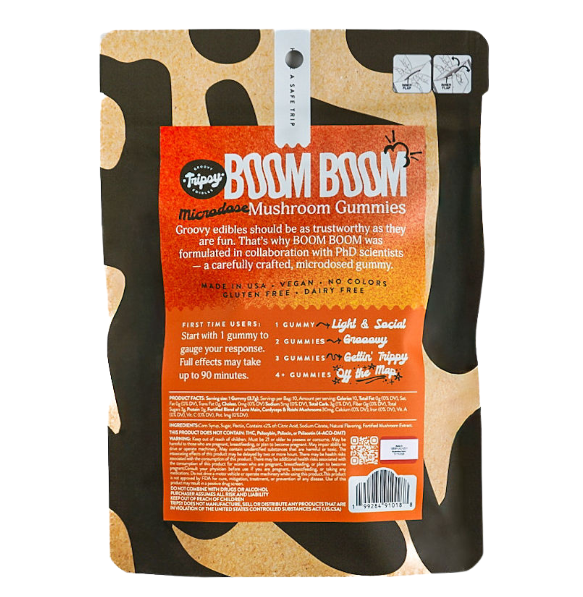 Back of Trippy Groovy Edibles BOOM BOOM microdose mushroom gummies peach pouch with dosage guide, ingredients, and product information