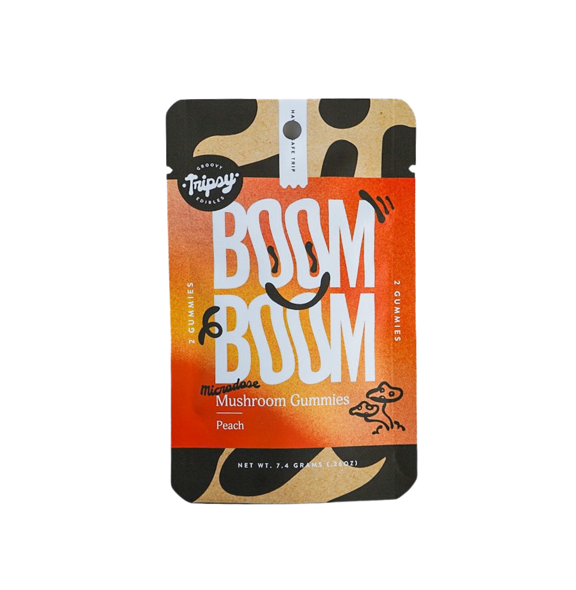 Trippy Groovy Edibles BOOM BOOM microdose mushroom gummies peach flavor pouch with two gummies