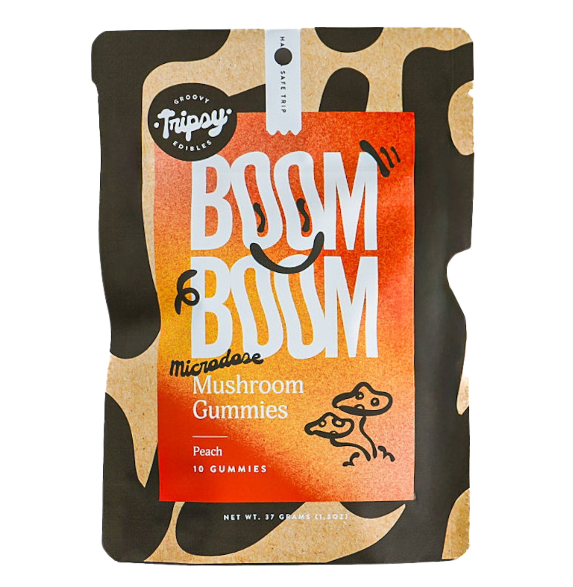 Trippy Groovy Edibles BOOM BOOM microdose mushroom gummies peach flavor pouch with 10 gummies