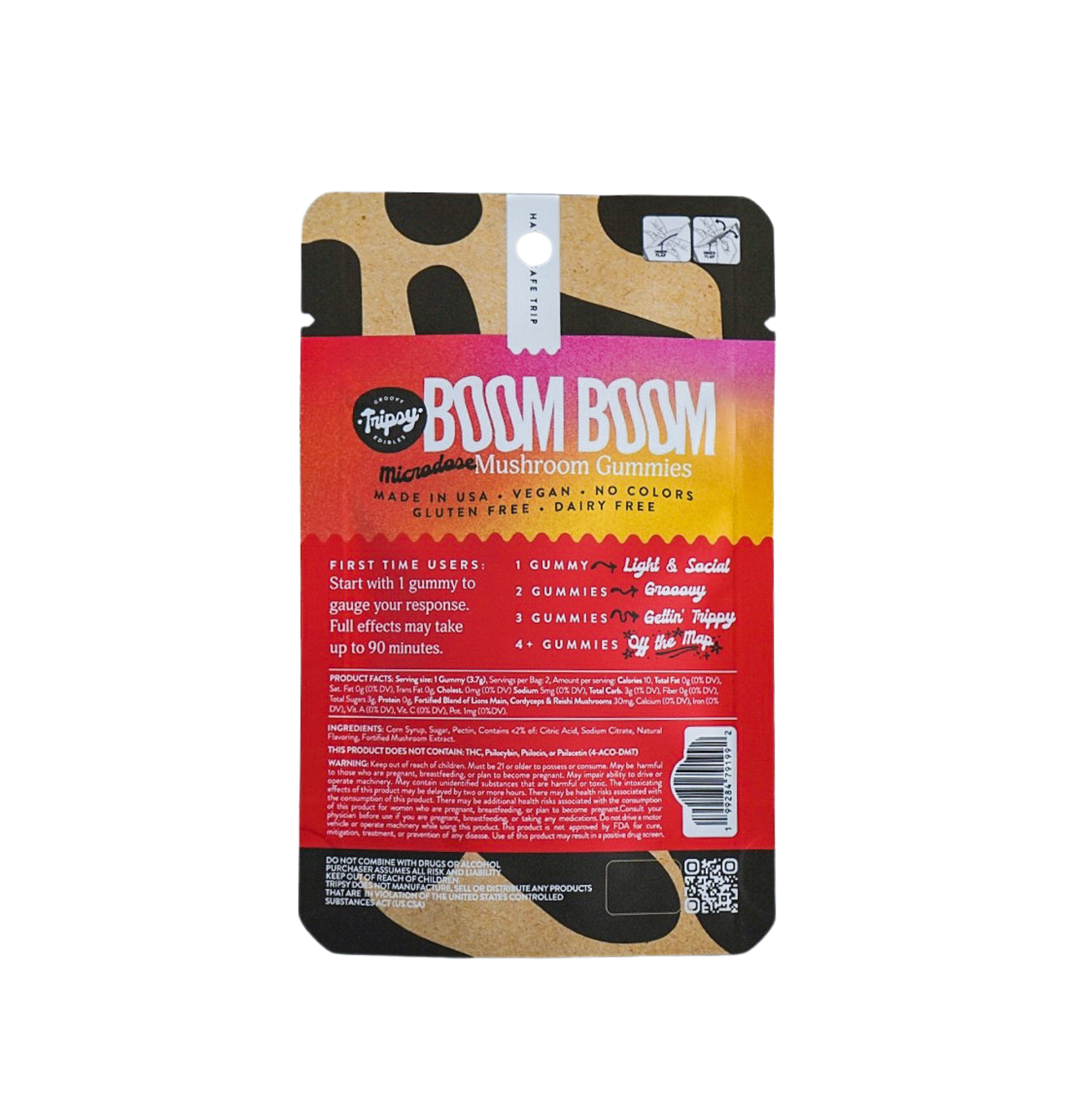 Back of Trippy Groovy Edibles BOOM BOOM microdose mushroom gummies raspberry lemonade pouch showing dosage guide, ingredients, and product information