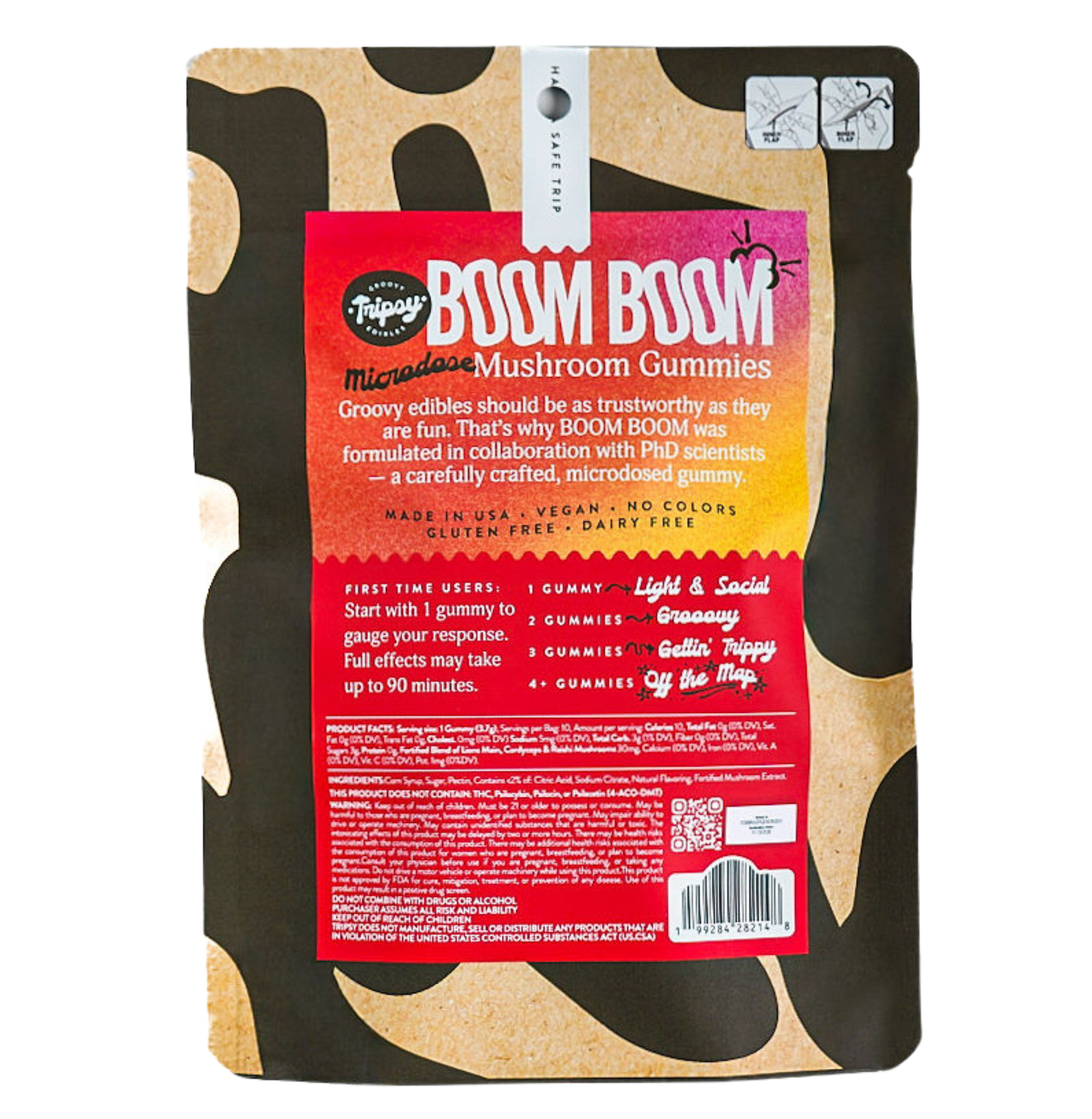 Back of Trippy BOOM BOOM microdose mushroom gummies packaging showing product details, dosage guidance, ingredients, and safety information on a colorful gradient label