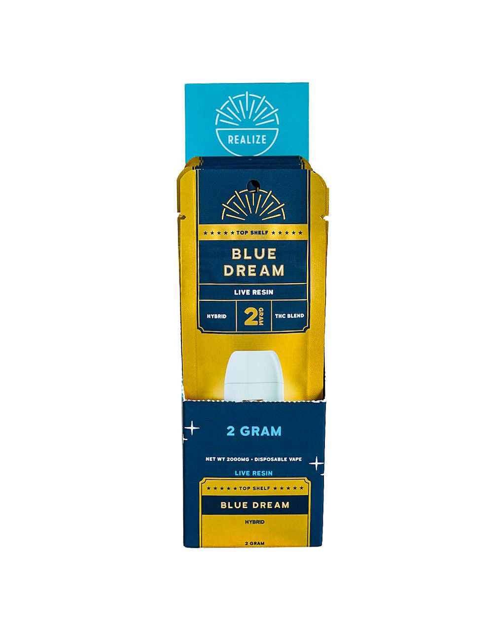 Realize Top Shelf Blue Dream 2 gram disposable vape retail display featuring gold and navy packaging with live resin THC blend branding.