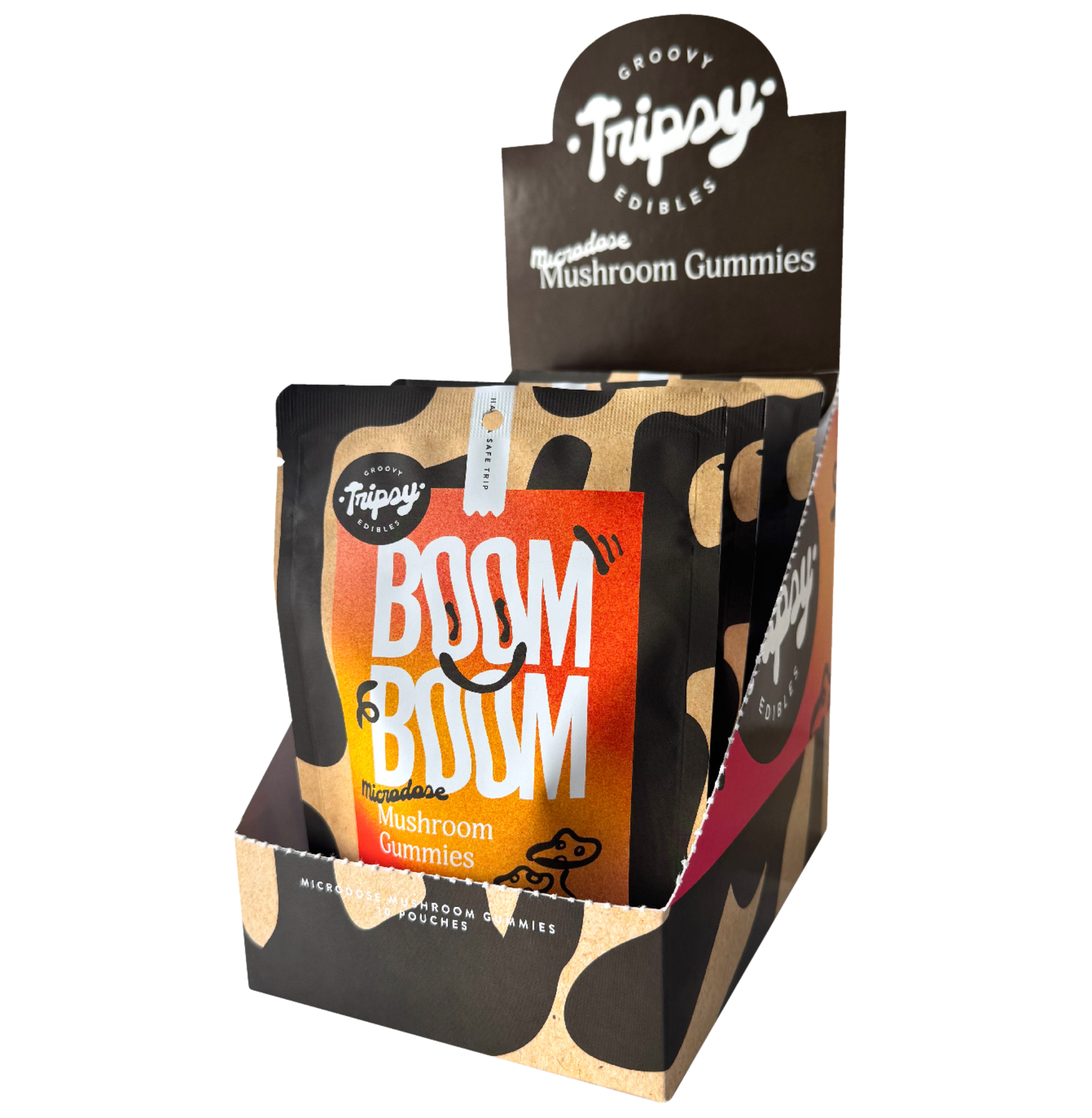 Trippy Groovy Edibles BOOM BOOM microdose mushroom gummies wholesale display box with multiple pouches
