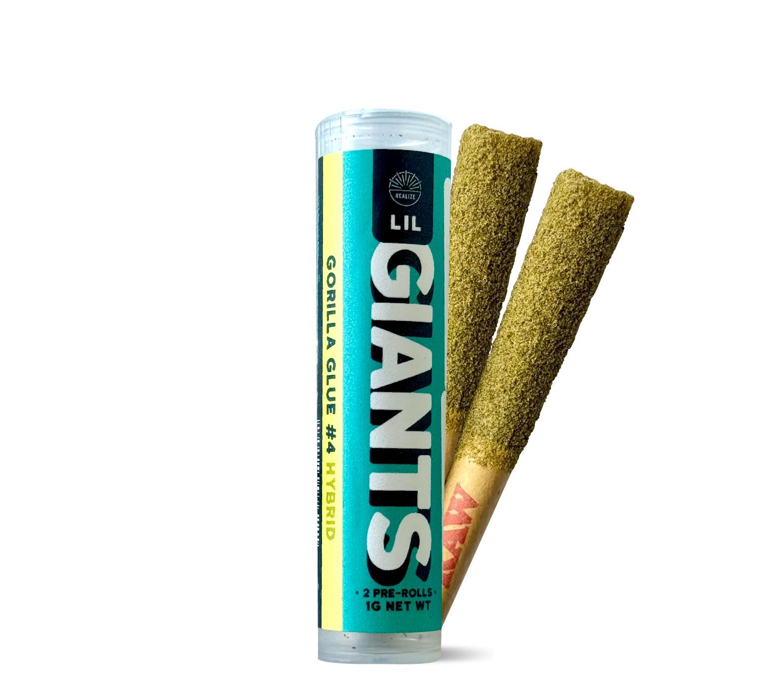 Realize Lil Giants Gorilla Glue #4 hybrid 31% THCA pre-rolls with tube packaging and two infused hemp joints