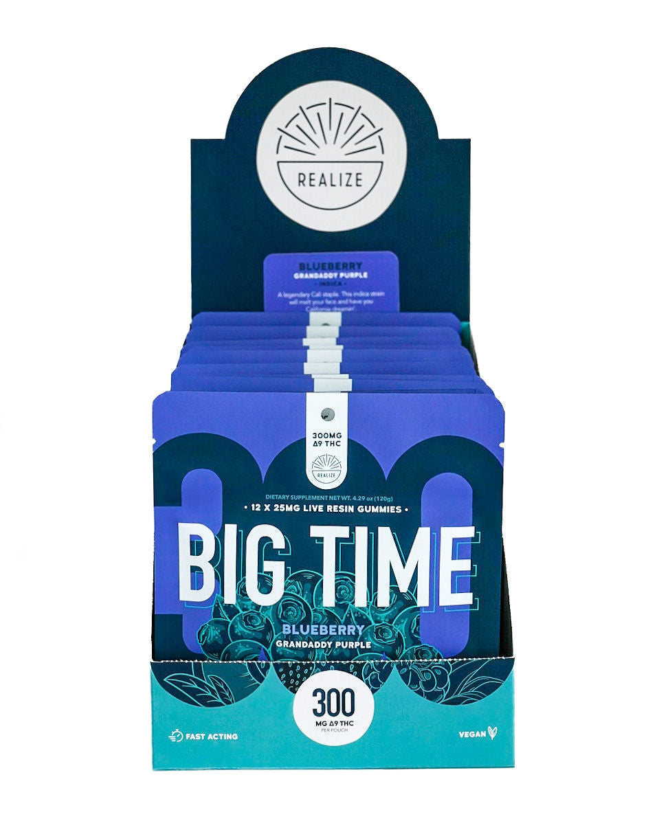 Realize BIG TIME blueberry granddaddy purple indica live resin gummies 300mg Delta-9 THC pouch retail countertop wholesale display