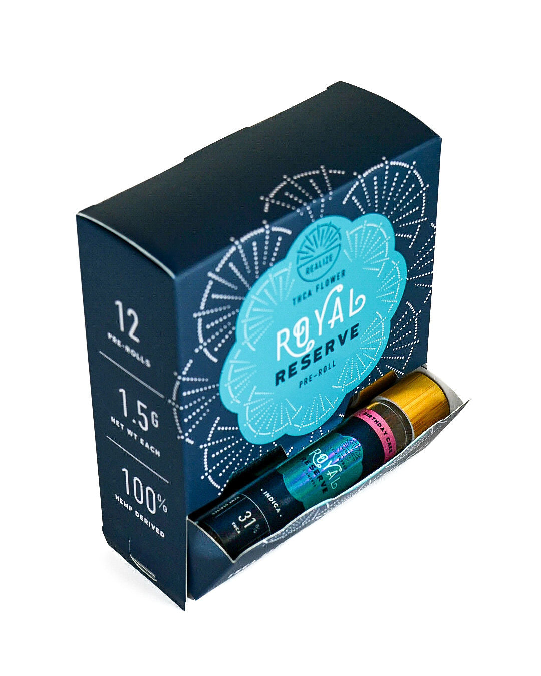 REALIZE Royal Reserve wholesale display box with 12 THCA flower + diamonds pre-rolls, partially open to show branded pre-roll tube inside